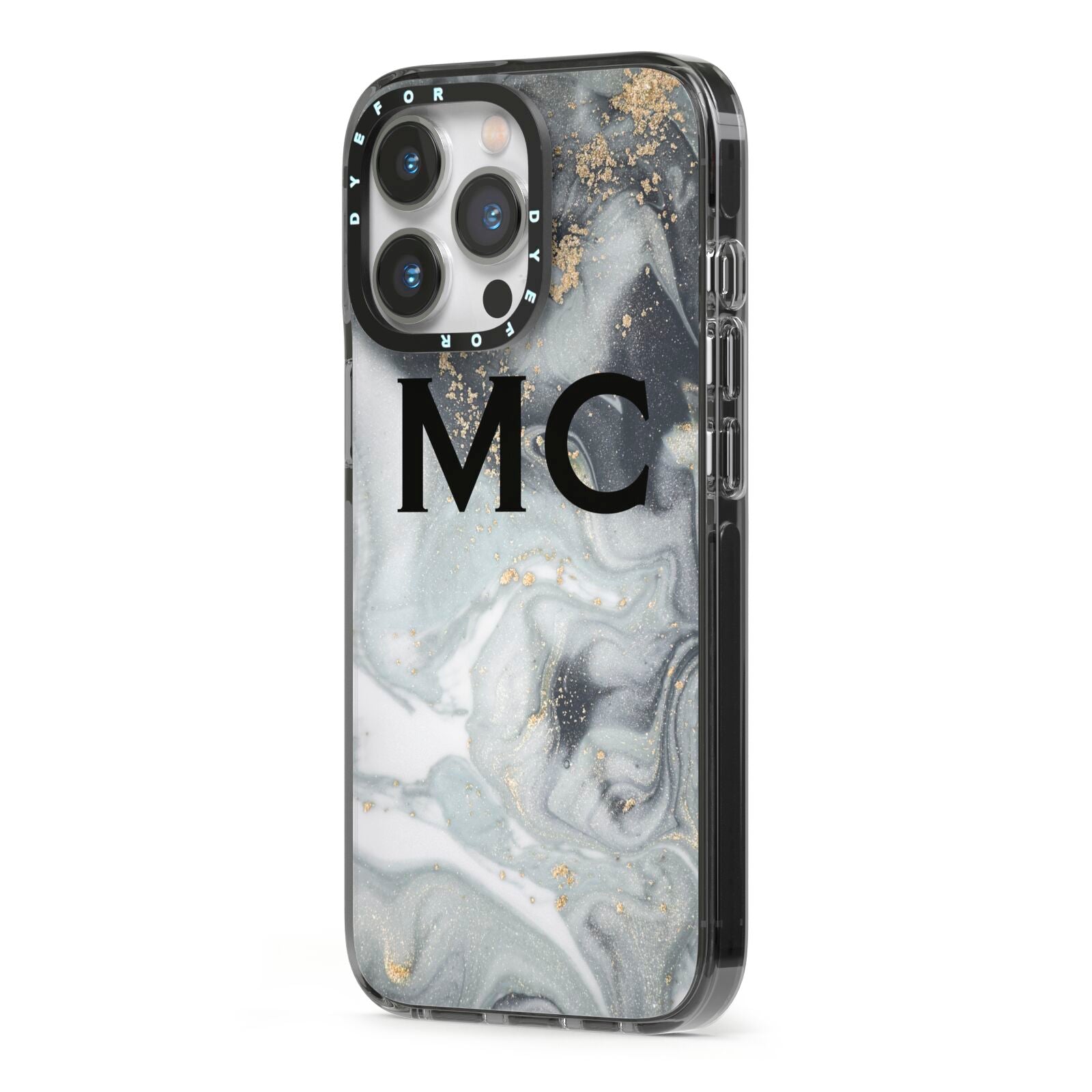 Monogram Black White Swirl Marble iPhone 13 Pro Black Impact Case Side Angle on Silver phone