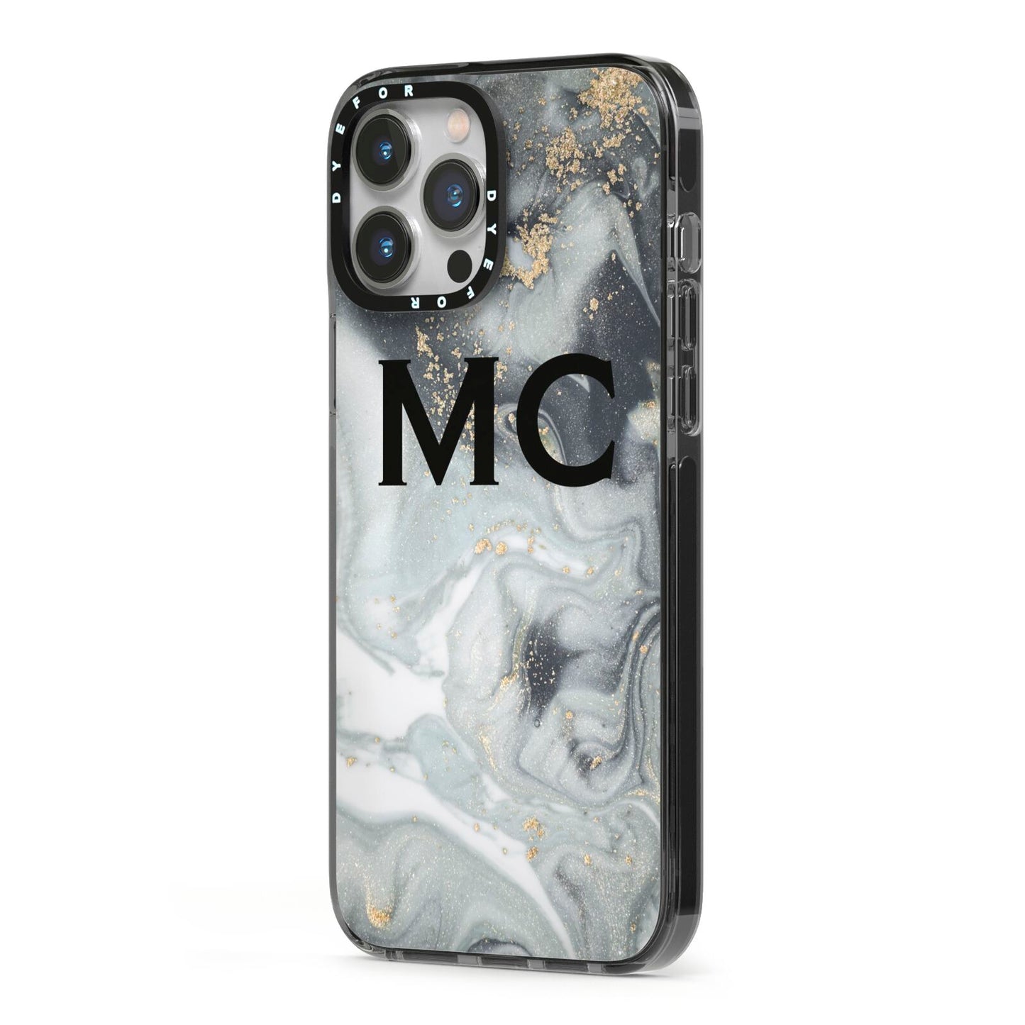 Monogram Black White Swirl Marble iPhone 13 Pro Max Black Impact Case Side Angle on Silver phone
