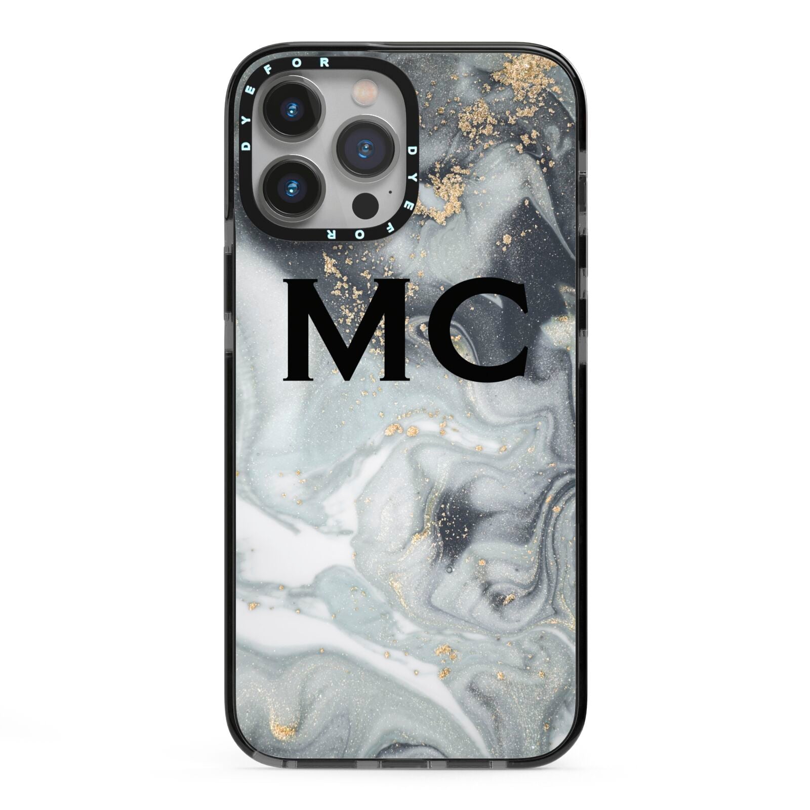 Monogram Black White Swirl Marble iPhone 13 Pro Max Black Impact Case on Silver phone