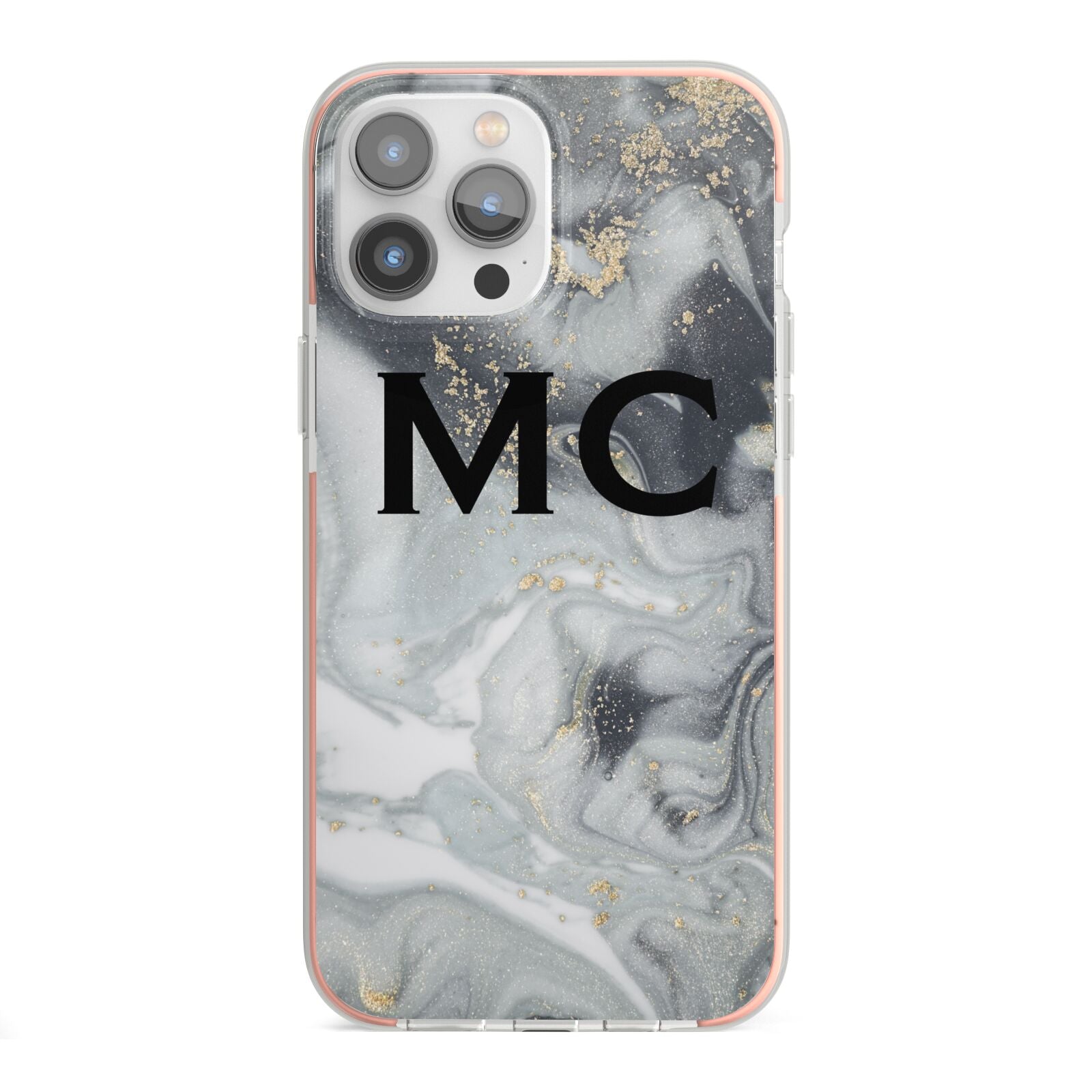 Monogram Black White Swirl Marble iPhone 13 Pro Max TPU Impact Case with Pink Edges