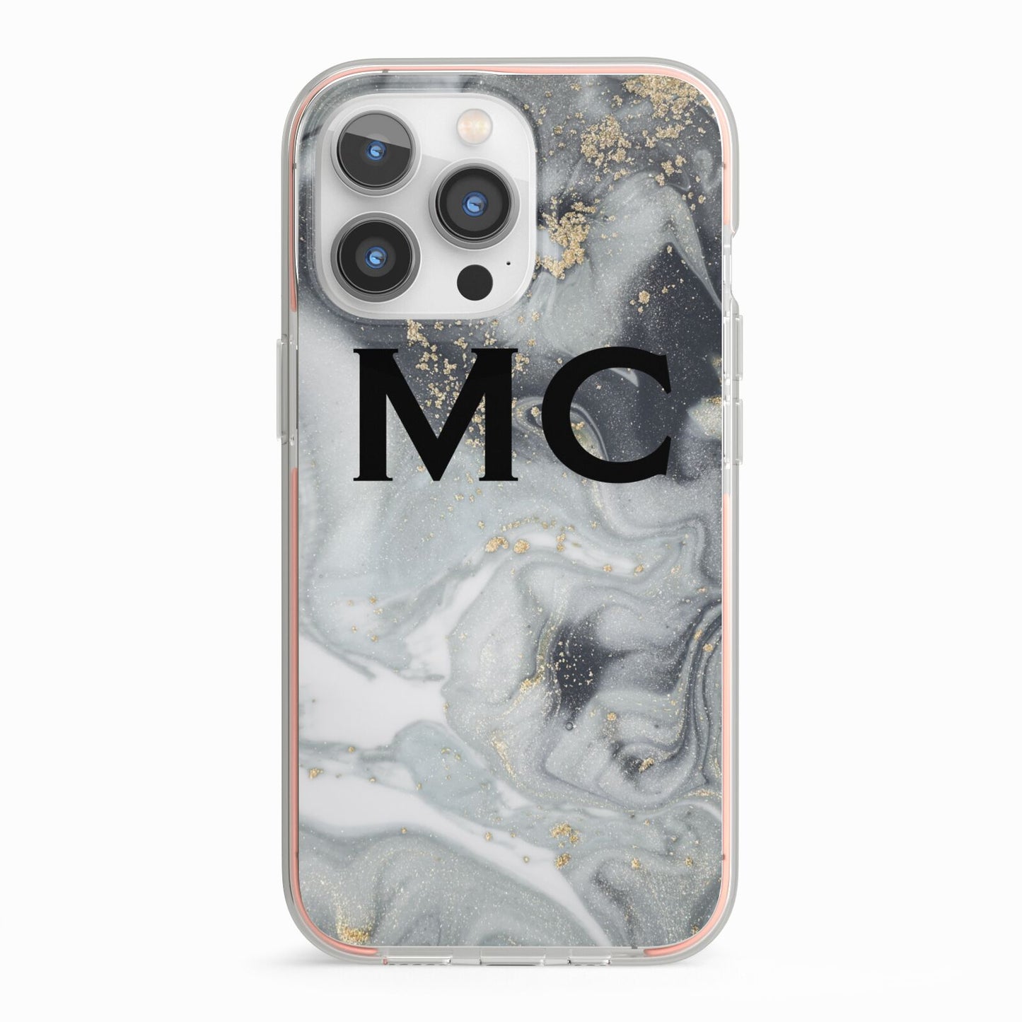 Monogram Black White Swirl Marble iPhone 13 Pro TPU Impact Case with Pink Edges