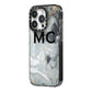 Monogram Black White Swirl Marble iPhone 14 Pro Black Impact Case Side Angle on Silver phone
