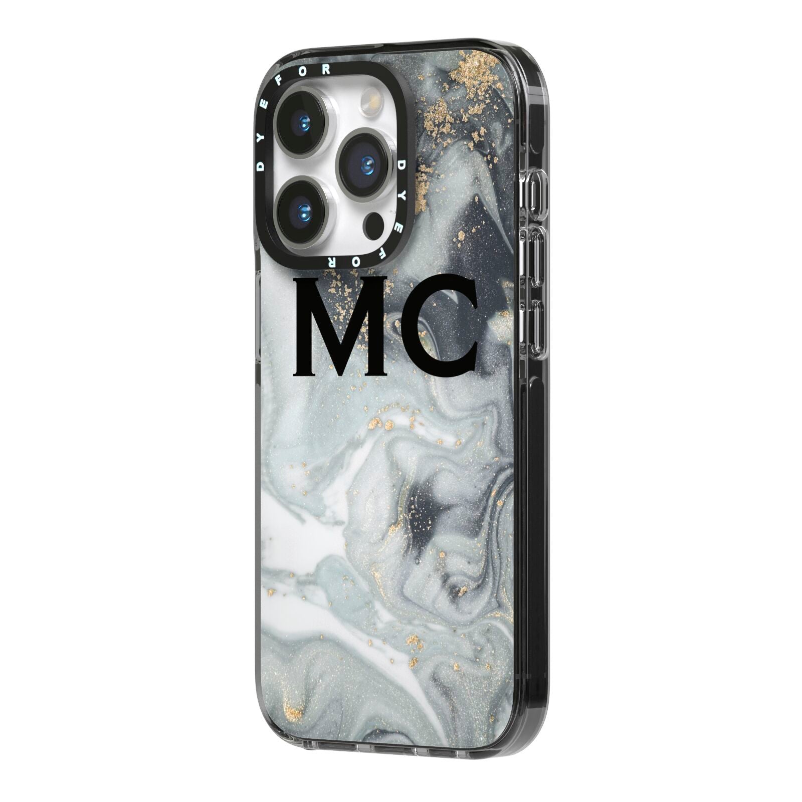 Monogram Black White Swirl Marble iPhone 14 Pro Black Impact Case Side Angle on Silver phone