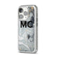 Monogram Black White Swirl Marble iPhone 14 Pro Glitter Tough Case Silver Angled Image