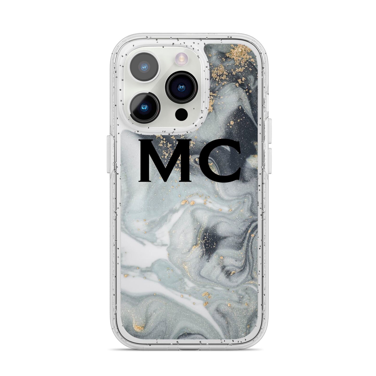 Monogram Black White Swirl Marble iPhone 14 Pro Glitter Tough Case Silver