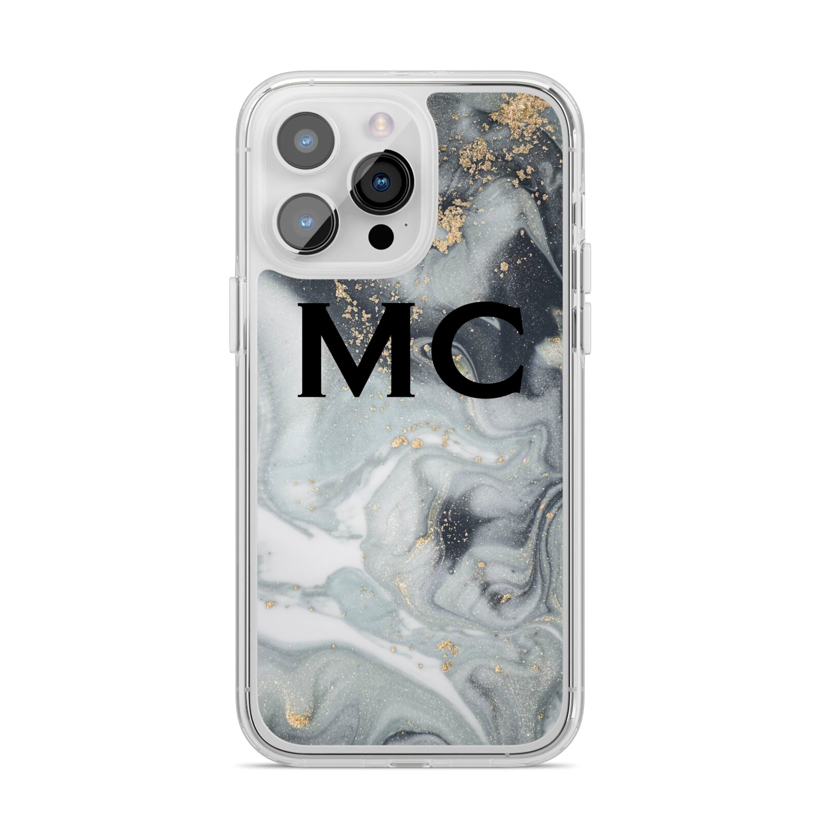 Monogram Black White Swirl Marble iPhone 14 Pro Max Clear Tough Case Silver