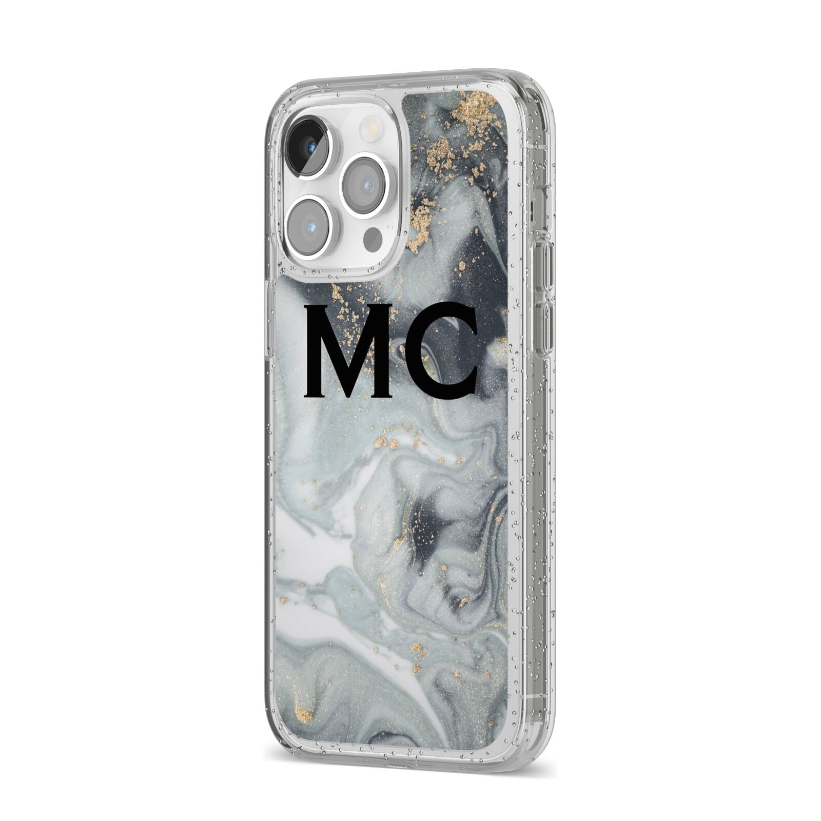 Monogram Black White Swirl Marble iPhone 14 Pro Max Glitter Tough Case Silver Angled Image