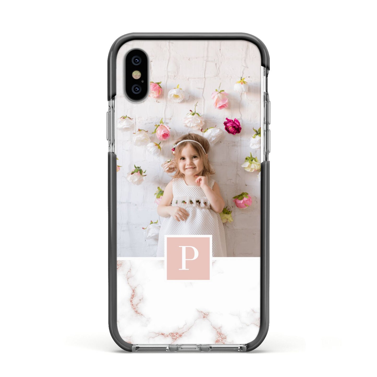 Monogram Marble Photo Upload Apple iPhone Xs Impact Case Black Edge on Silver Phone