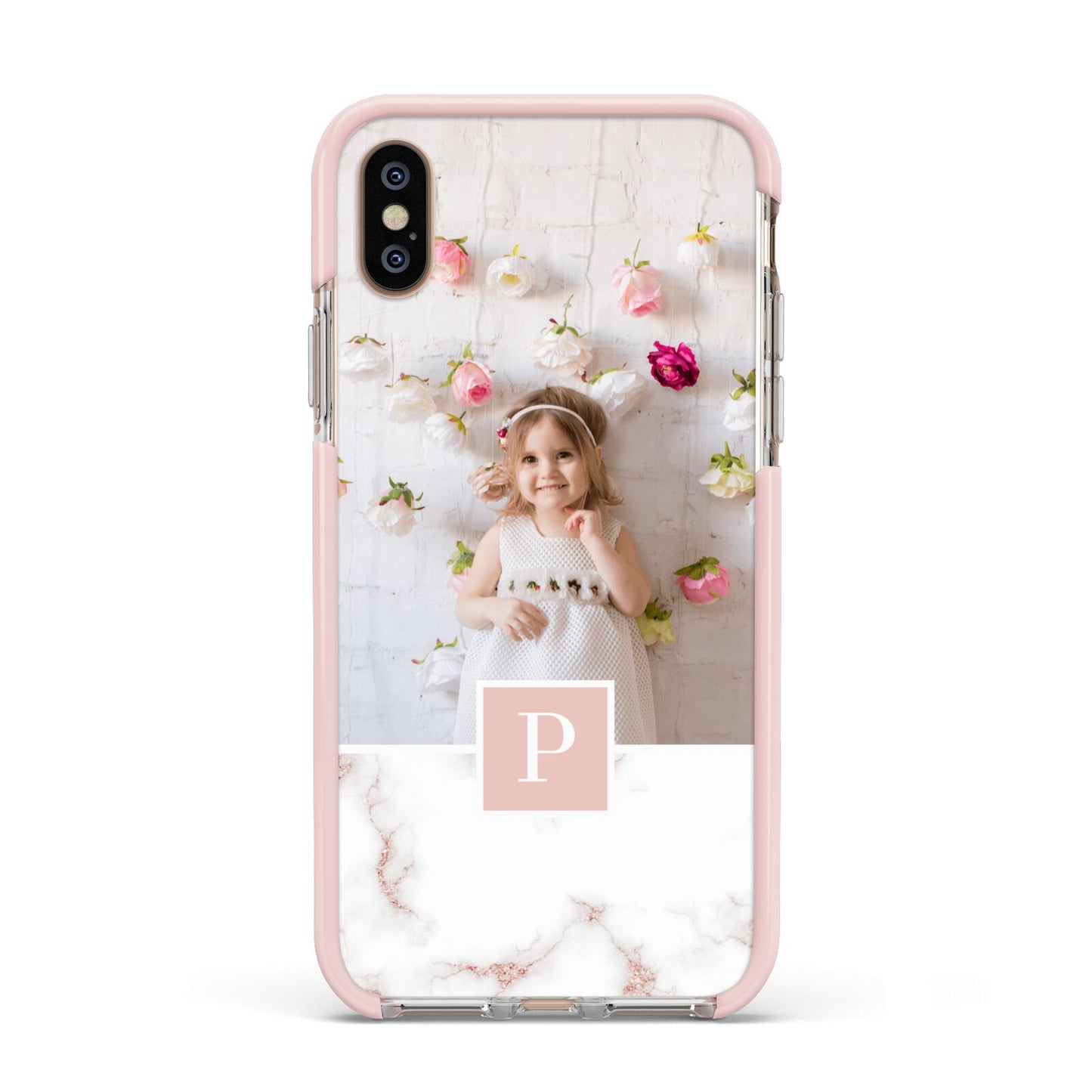 Monogram Marble Photo Upload Apple iPhone Xs Impact Case Pink Edge on Gold Phone