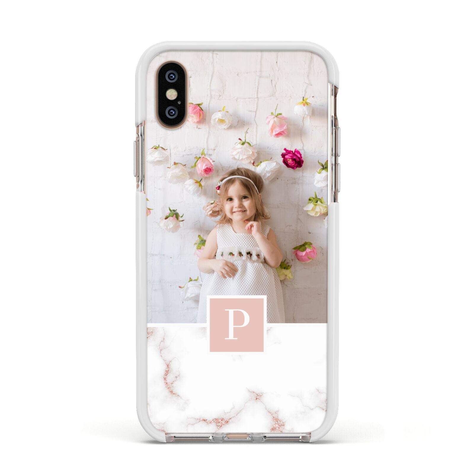 Monogram Marble Photo Upload Apple iPhone Xs Impact Case White Edge on Gold Phone