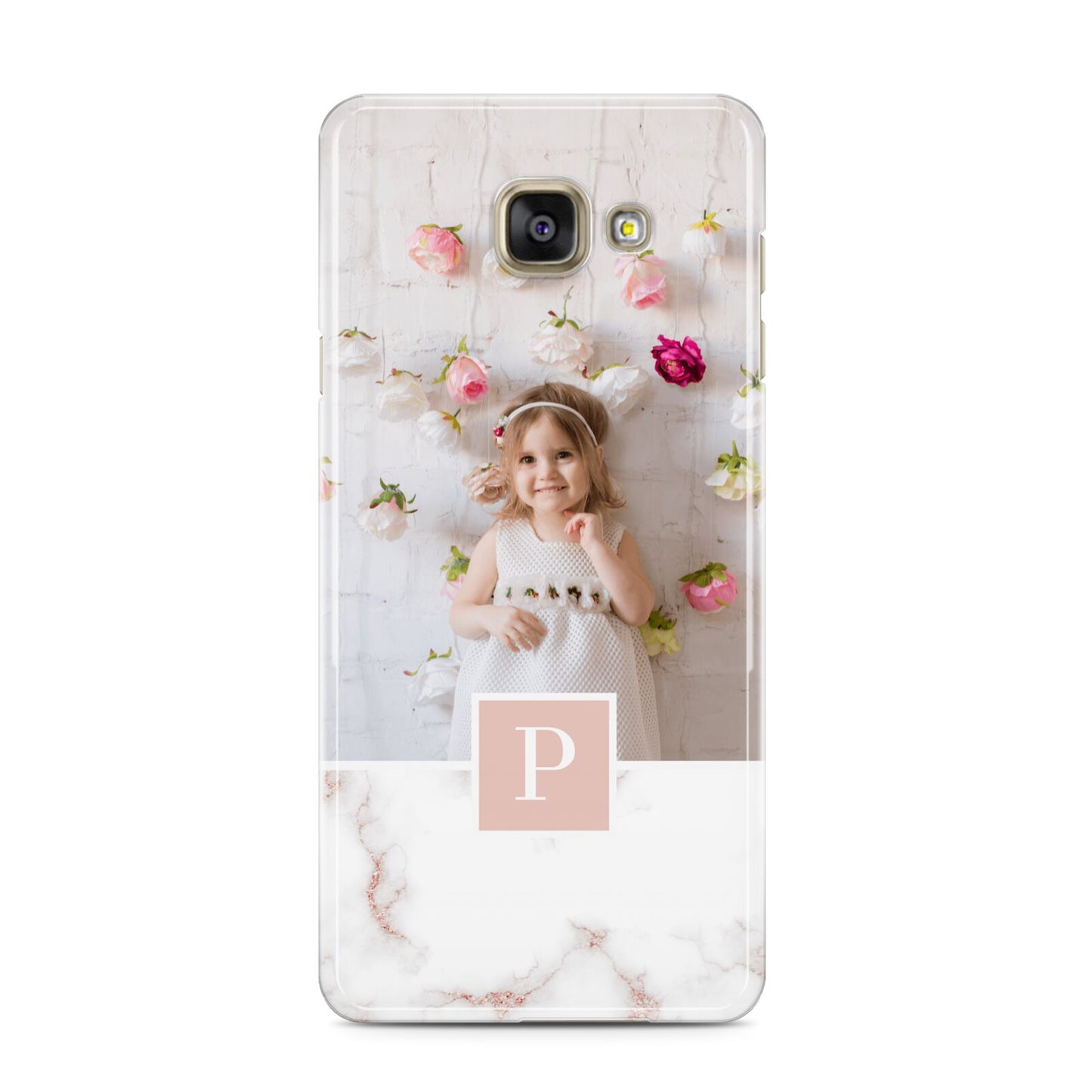 Monogram Marble Photo Upload Samsung Galaxy A3 2016 Case on gold phone