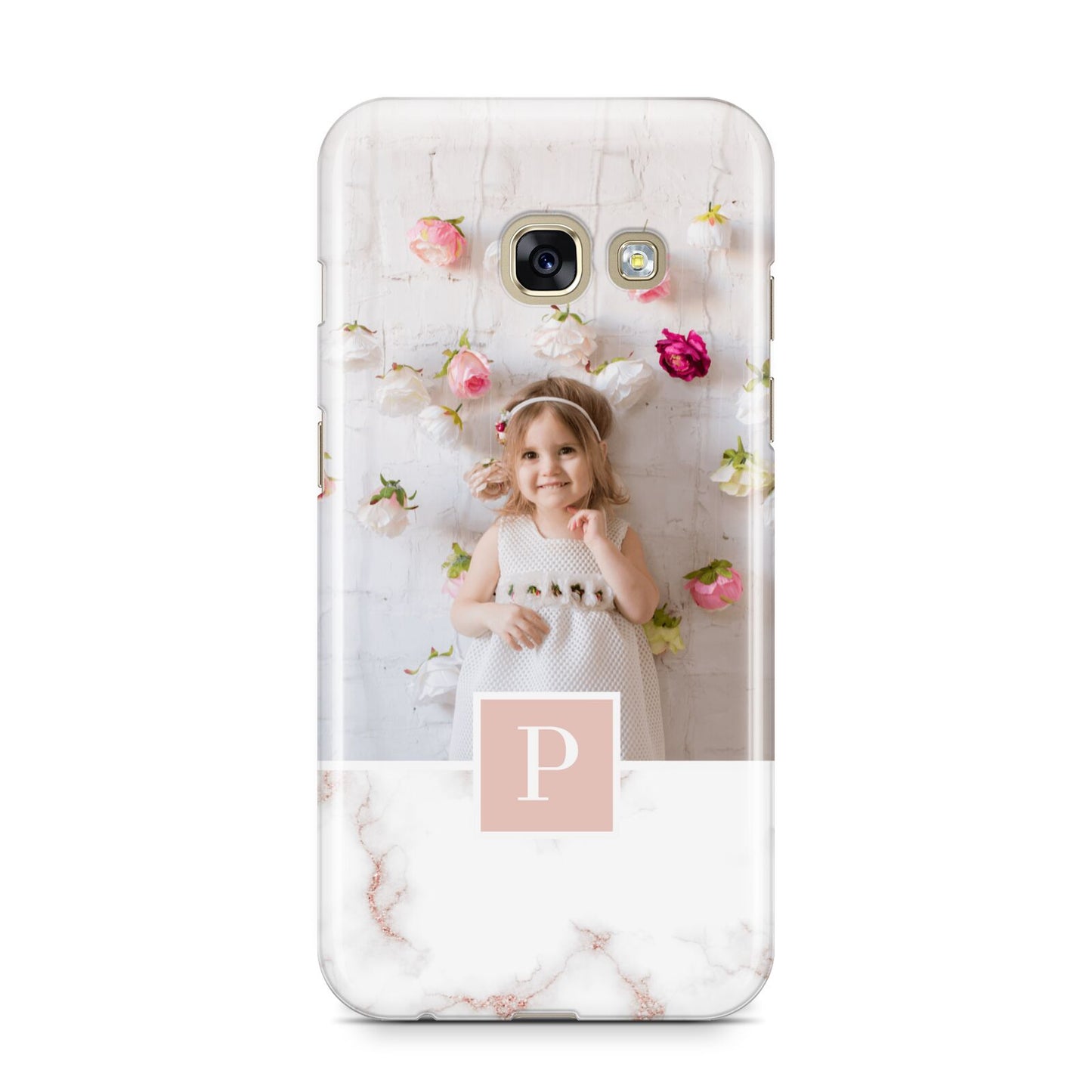 Monogram Marble Photo Upload Samsung Galaxy A3 2017 Case on gold phone