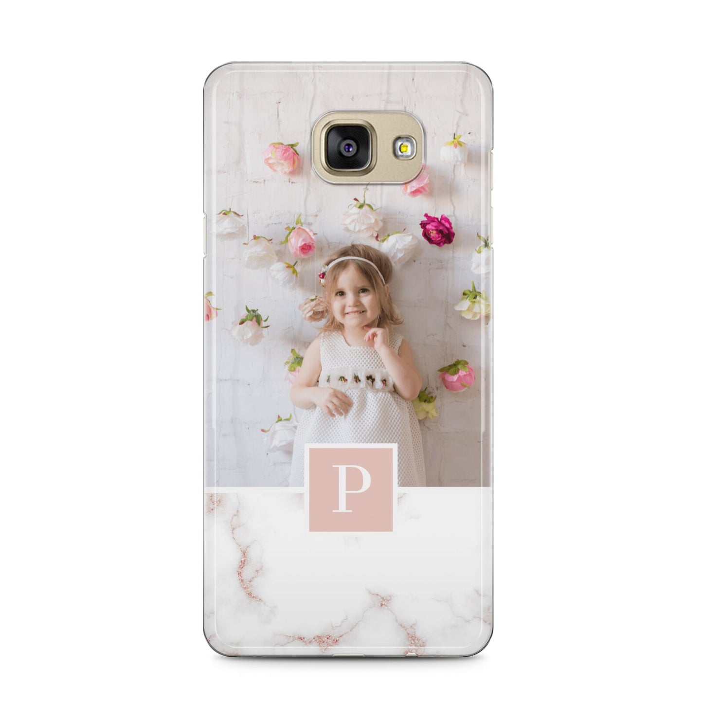 Monogram Marble Photo Upload Samsung Galaxy A5 2016 Case on gold phone