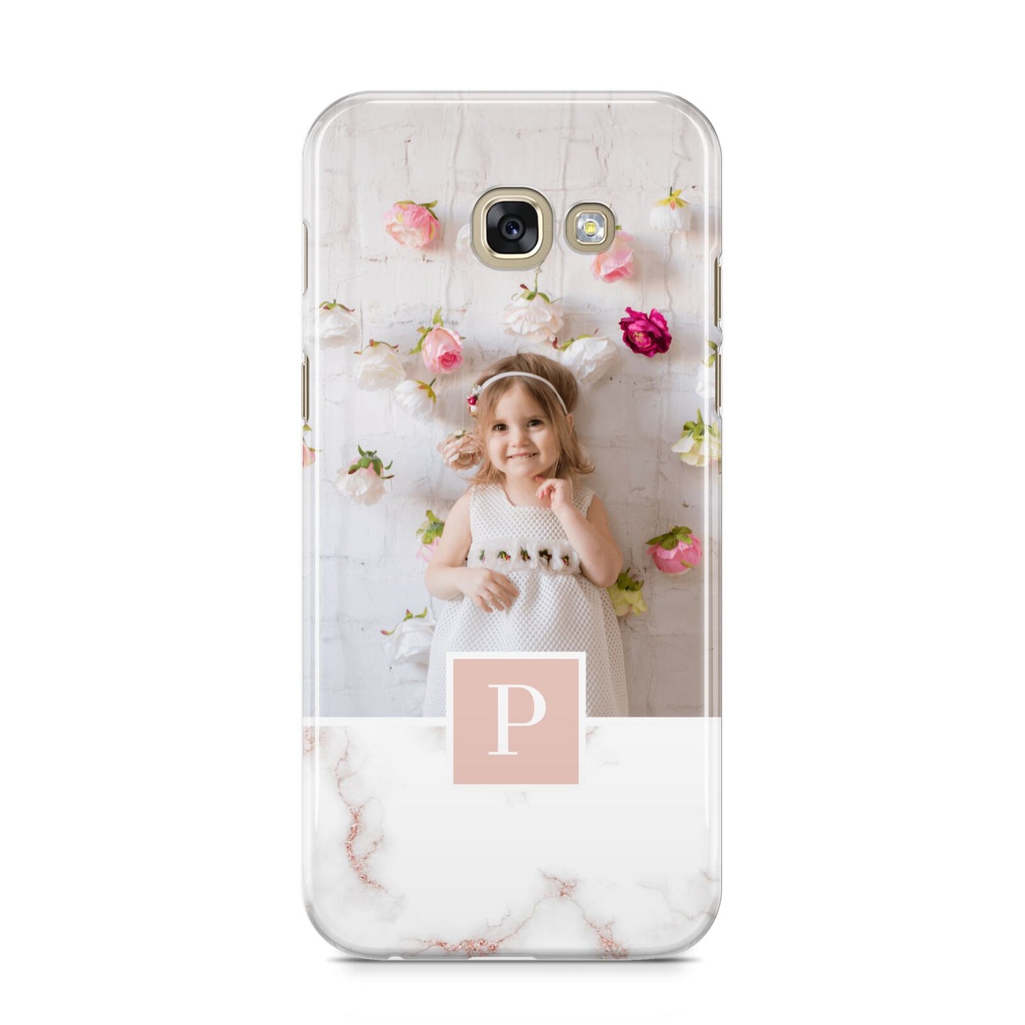 Monogram Marble Photo Upload Samsung Galaxy A5 2017 Case on gold phone