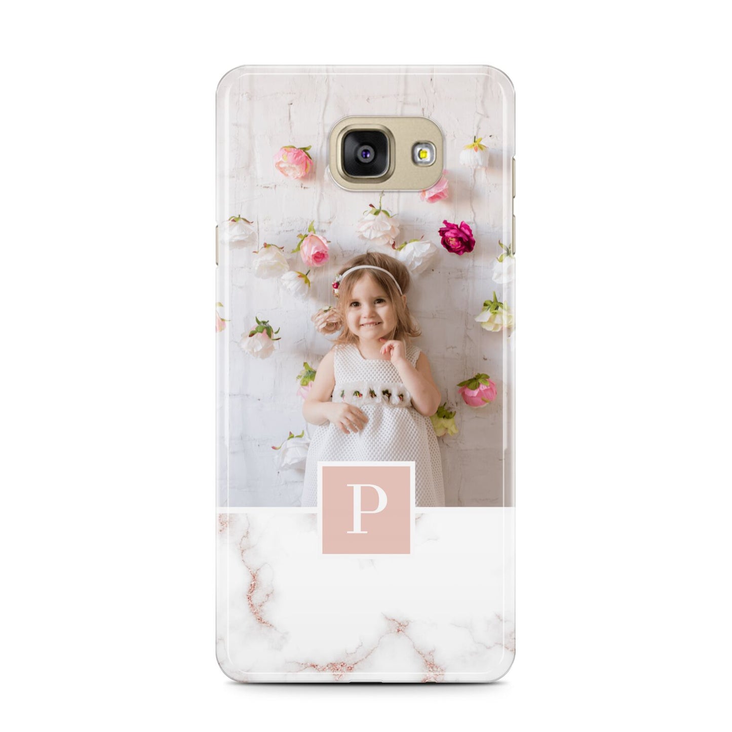 Monogram Marble Photo Upload Samsung Galaxy A7 2016 Case on gold phone