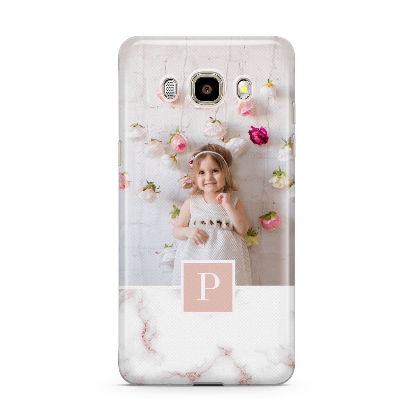 Monogram Marble Photo Upload Samsung Galaxy J7 2016 Case on gold phone