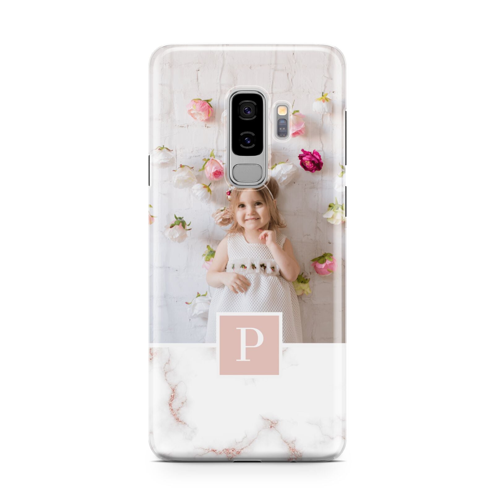 Monogram Marble Photo Upload Samsung Galaxy S9 Plus Case on Silver phone