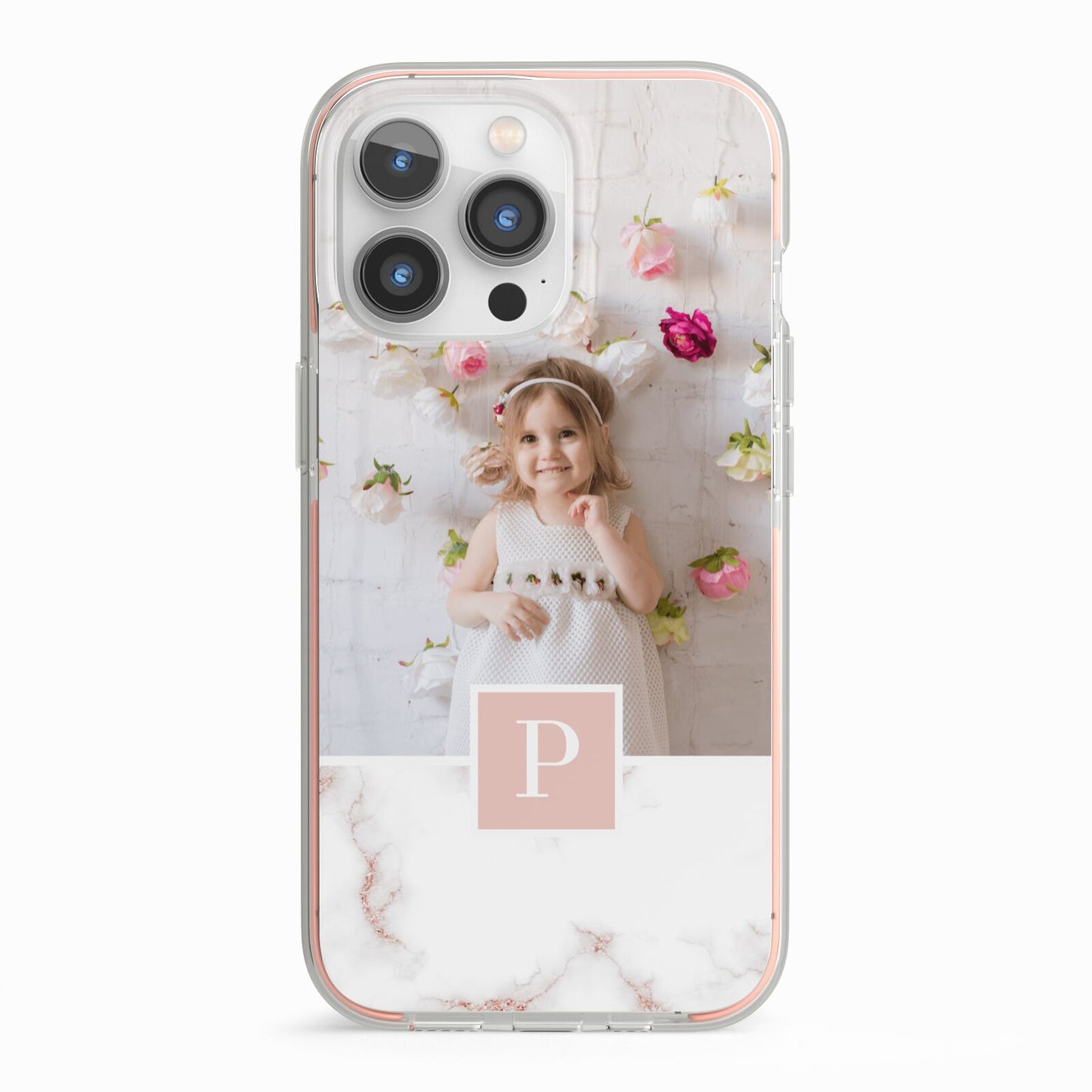 Monogram Marble Photo Upload iPhone 13 Pro TPU Impact Case with Pink Edges