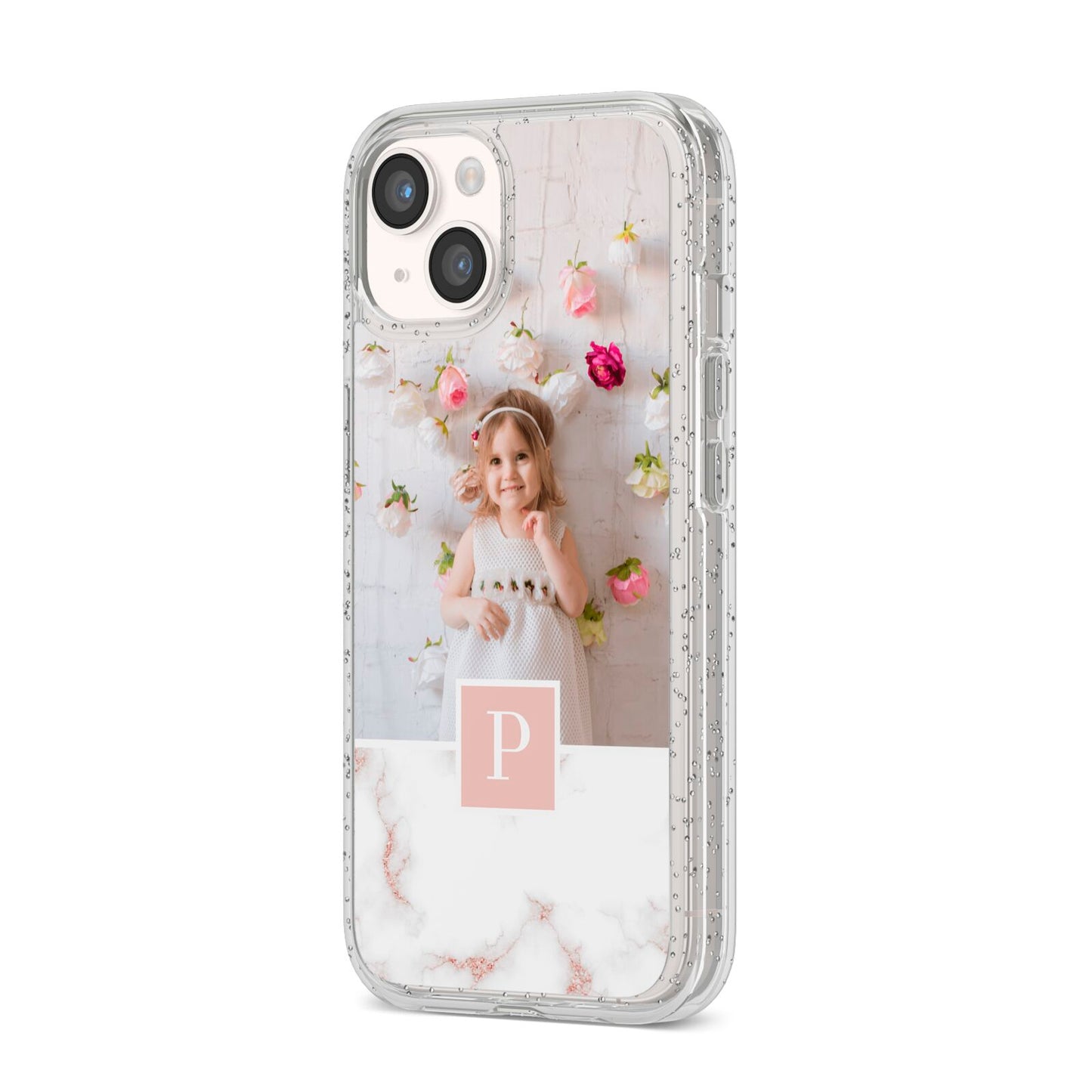 Monogram Marble Photo Upload iPhone 14 Glitter Tough Case Starlight Angled Image