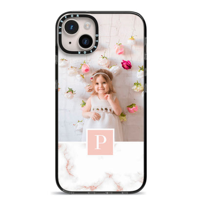 Monogram Marble Photo Upload iPhone 14 Plus Black Impact Case on Silver phone