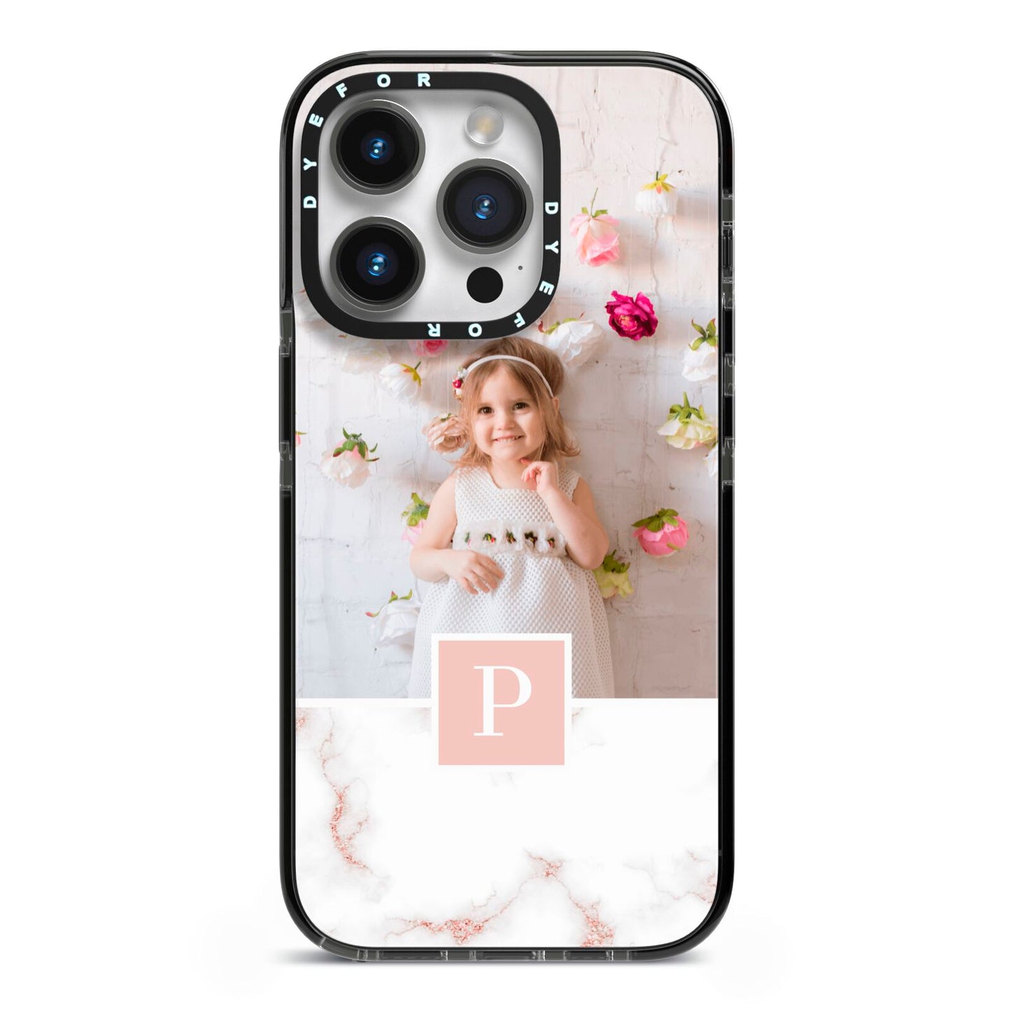 Monogram Marble Photo Upload iPhone 14 Pro Black Impact Case on Silver phone