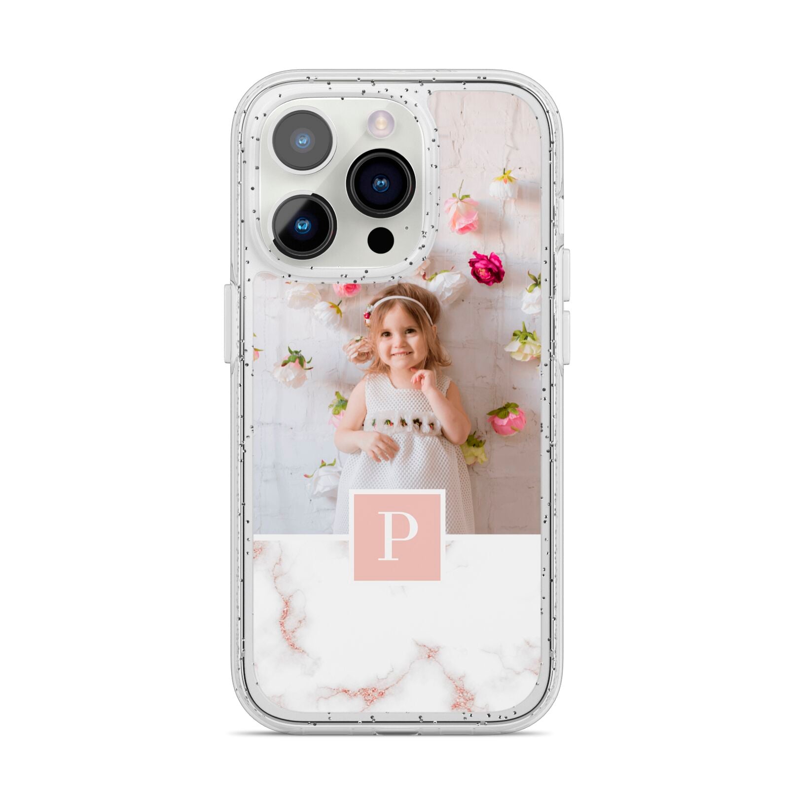 Monogram Marble Photo Upload iPhone 14 Pro Glitter Tough Case Silver