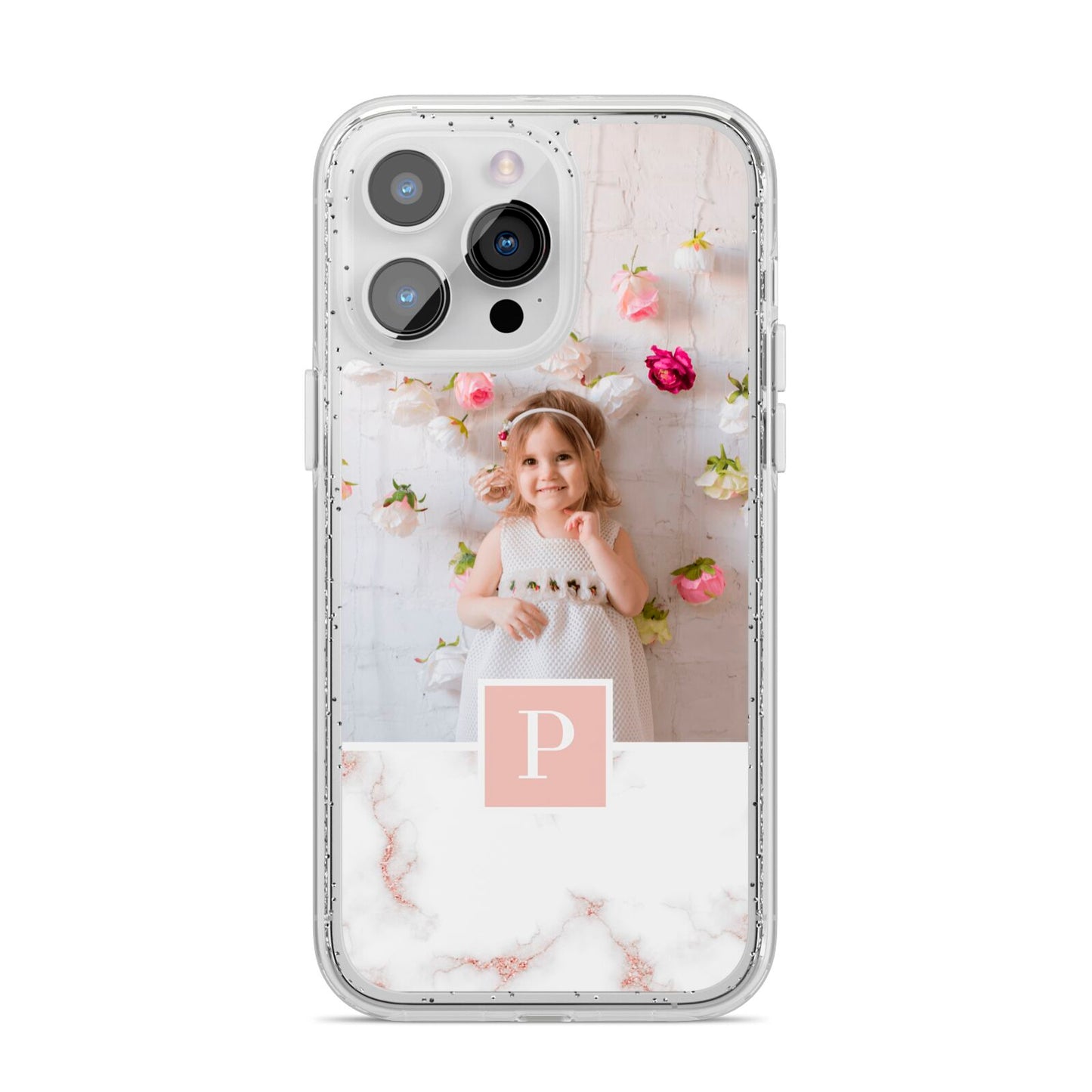 Monogram Marble Photo Upload iPhone 14 Pro Max Glitter Tough Case Silver