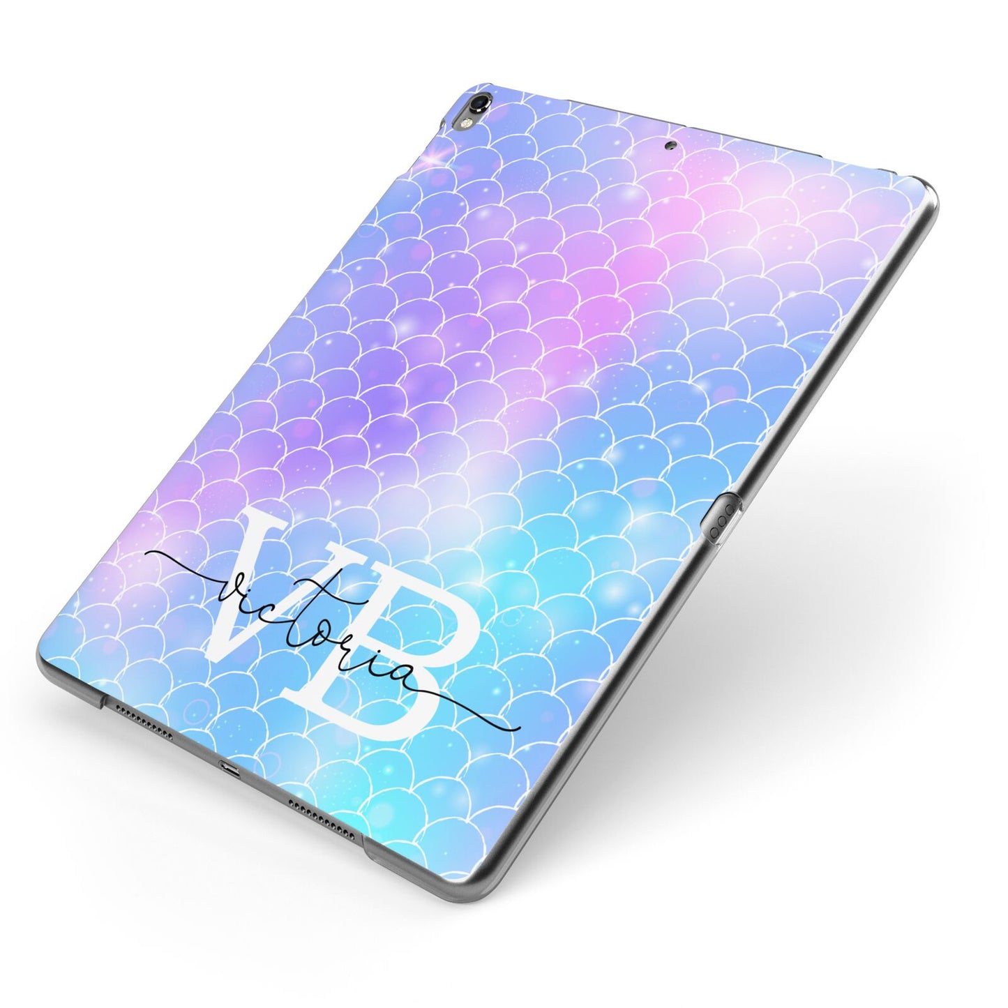 Monogram Mermaid Glitter with Name Apple iPad Case on Grey iPad Side View