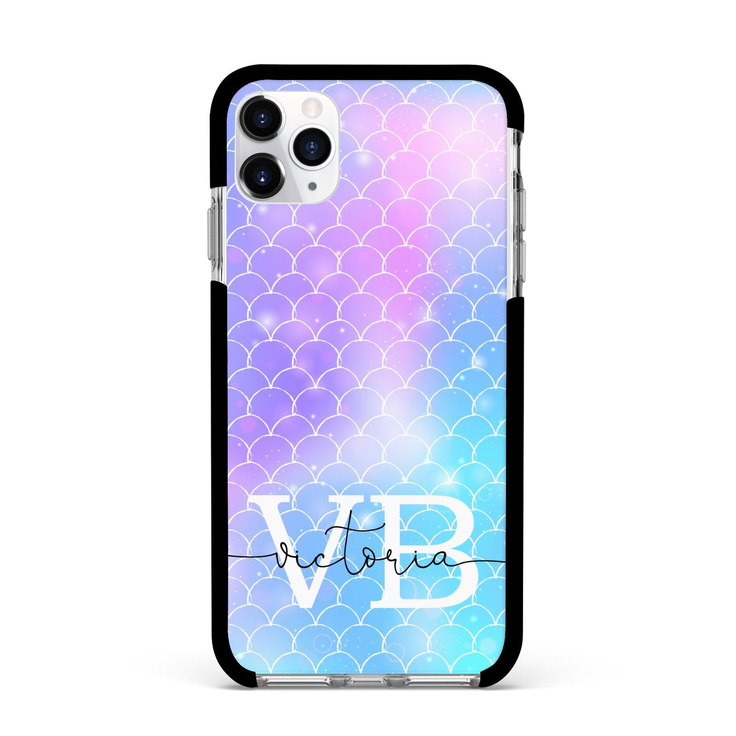 Monogram Mermaid Glitter with Name Apple iPhone 11 Pro Max in Silver with Black Impact Case