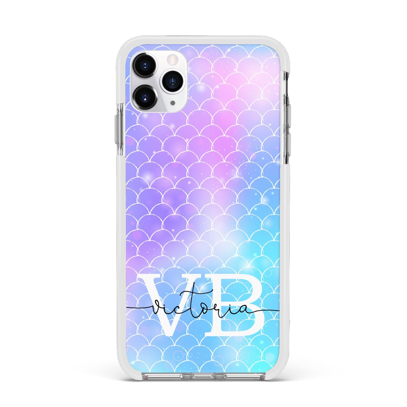 Monogram Mermaid Glitter with Name Apple iPhone 11 Pro Max in Silver with White Impact Case