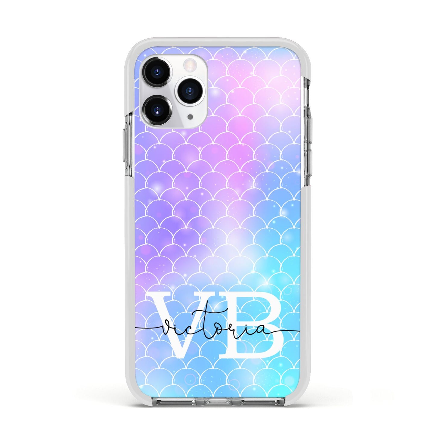 Monogram Mermaid Glitter with Name Apple iPhone 11 Pro in Silver with White Impact Case