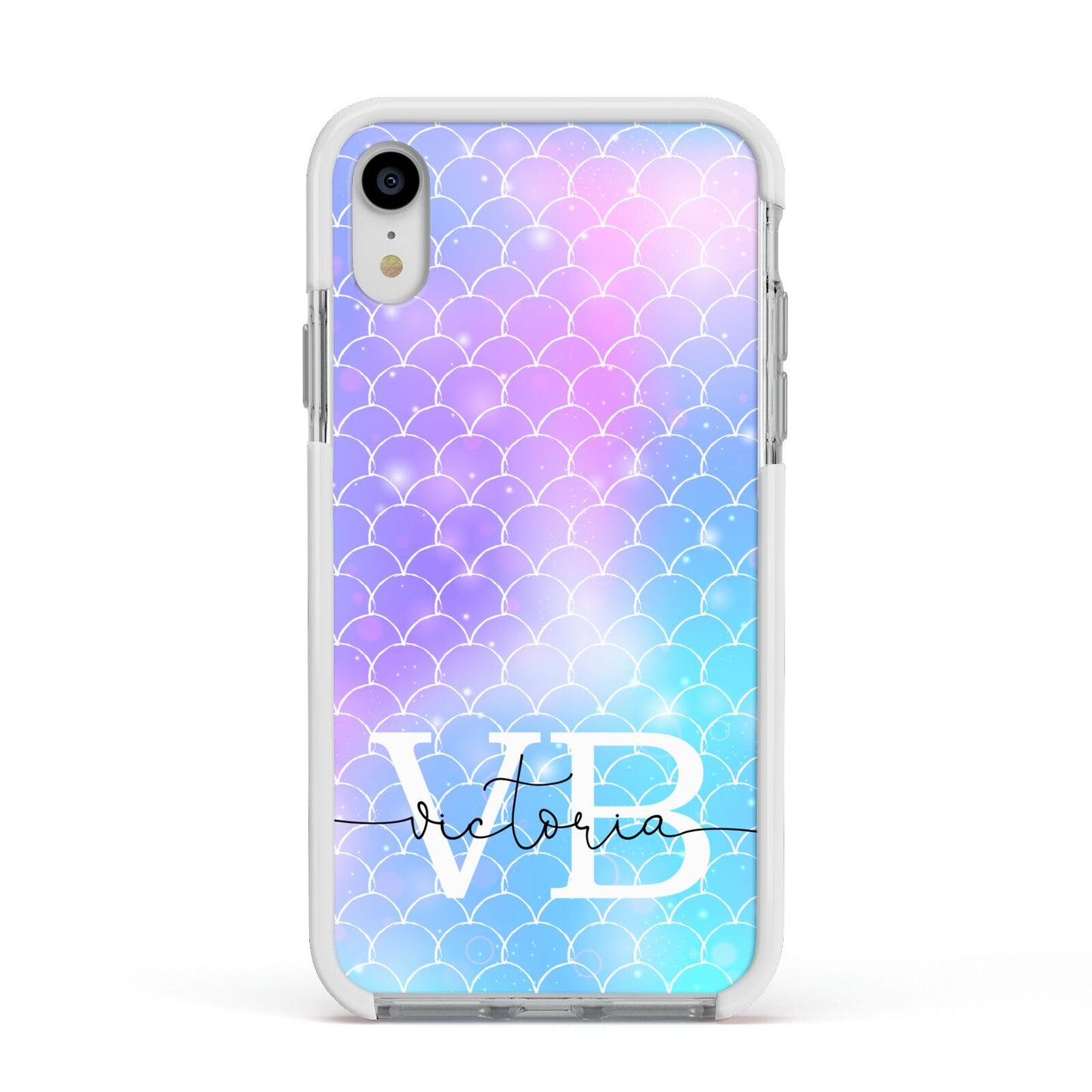 Monogram Mermaid Glitter with Name Apple iPhone XR Impact Case White Edge on Silver Phone