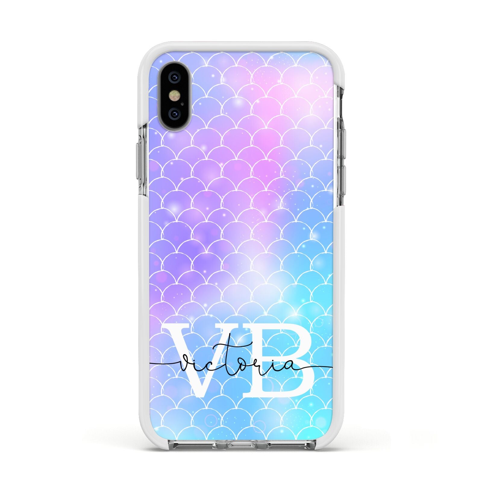 Monogram Mermaid Glitter with Name Apple iPhone Xs Impact Case White Edge on Silver Phone