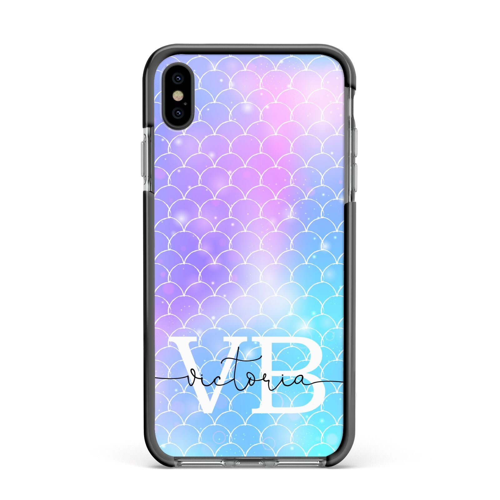 Monogram Mermaid Glitter with Name Apple iPhone Xs Max Impact Case Black Edge on Black Phone