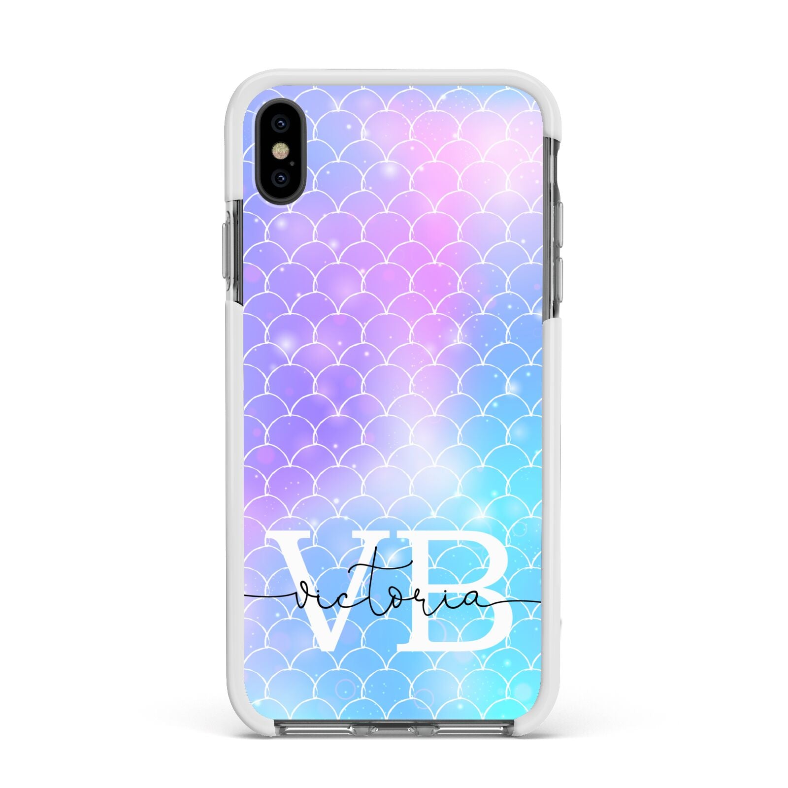 Monogram Mermaid Glitter with Name Apple iPhone Xs Max Impact Case White Edge on Black Phone