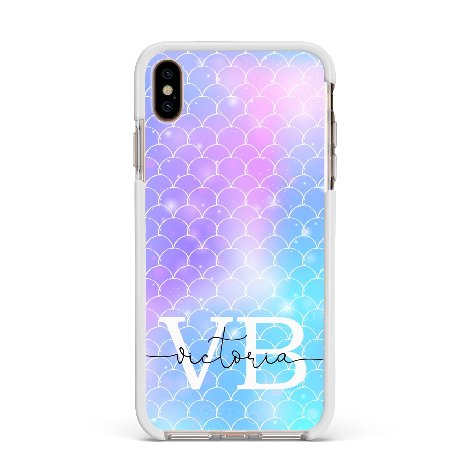 Monogram Mermaid Glitter with Name Apple iPhone Xs Max Impact Case White Edge on Gold Phone