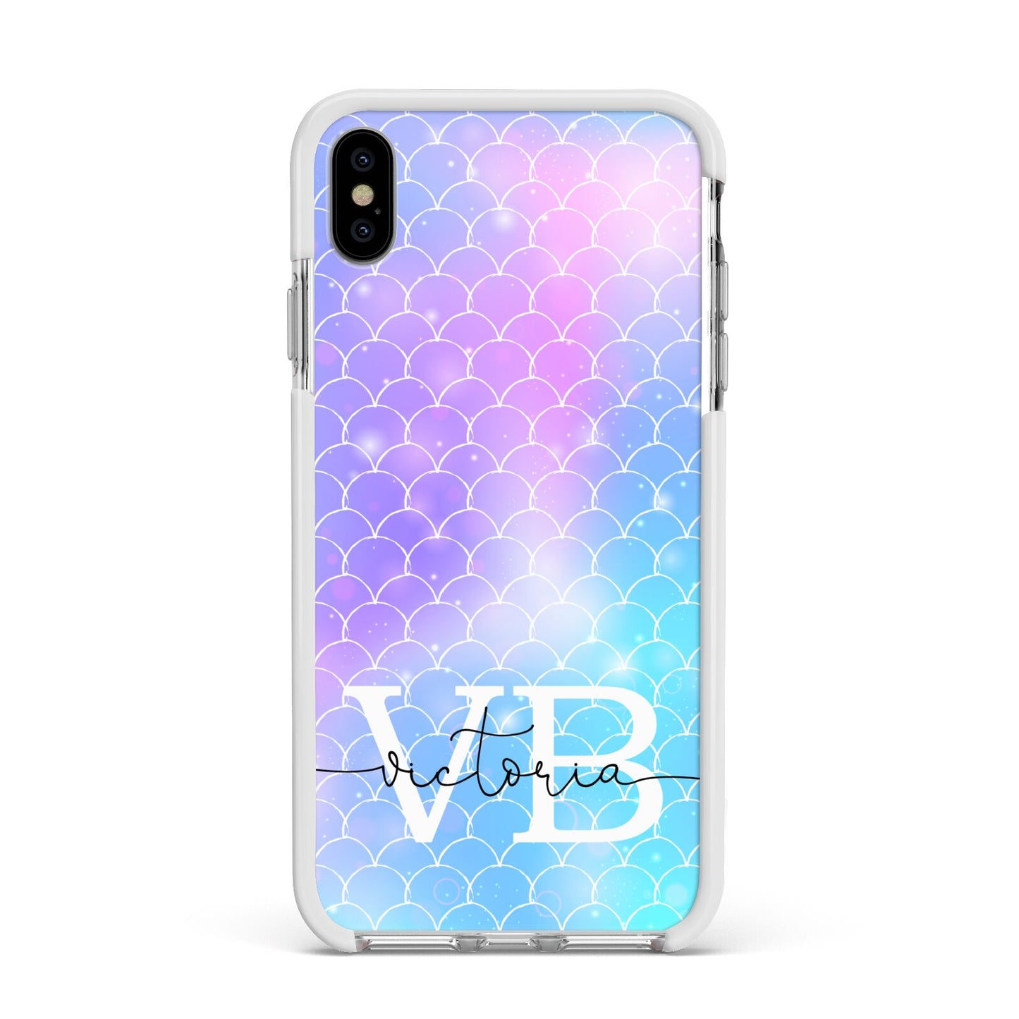 Monogram Mermaid Glitter with Name Apple iPhone Xs Max Impact Case White Edge on Silver Phone