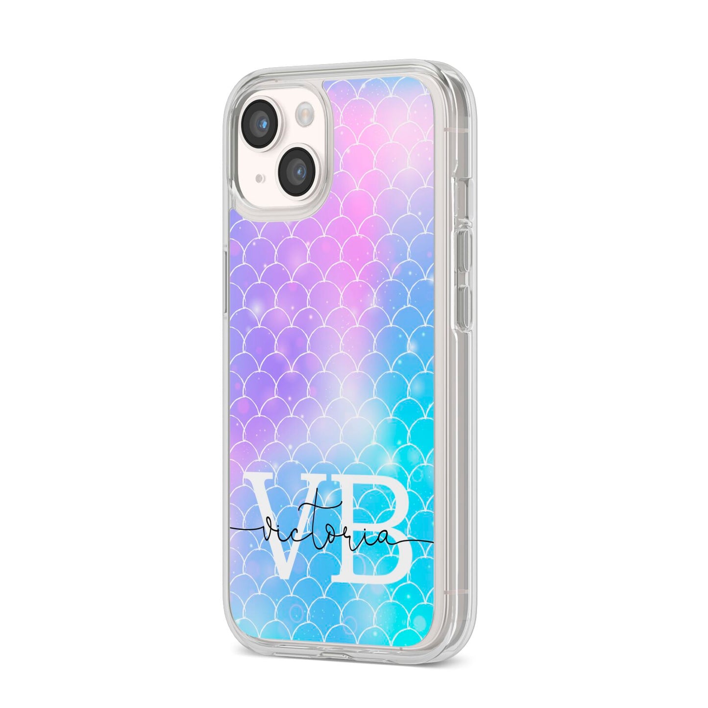 Monogram Mermaid Glitter with Name iPhone 14 Clear Tough Case Starlight Angled Image