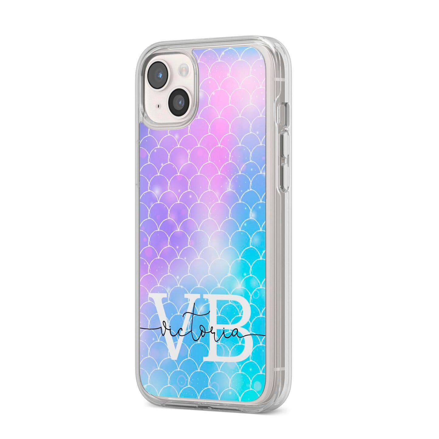 Monogram Mermaid Glitter with Name iPhone 14 Plus Clear Tough Case Starlight Angled Image