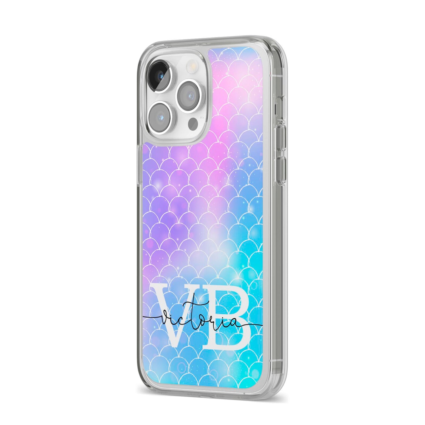 Monogram Mermaid Glitter with Name iPhone 14 Pro Max Clear Tough Case Silver Angled Image