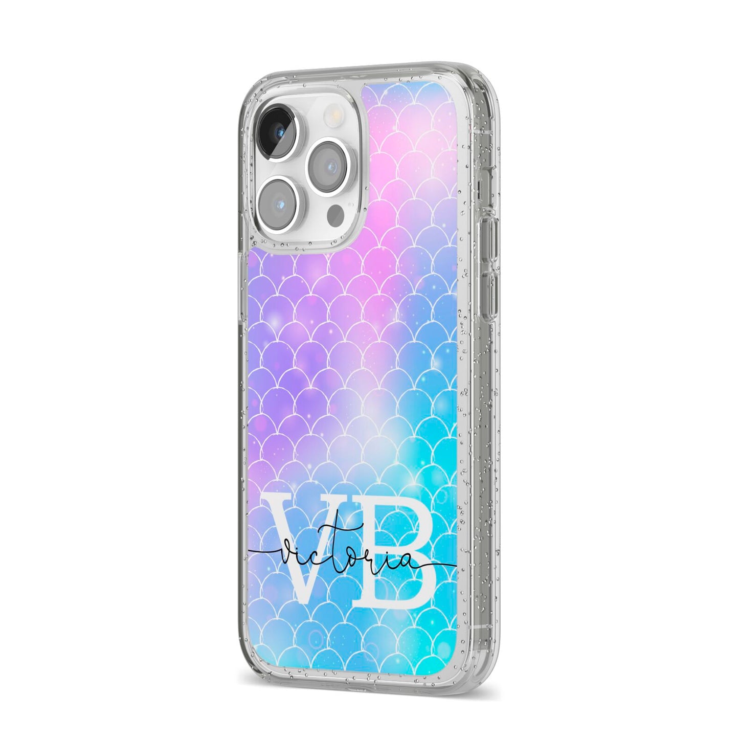 Monogram Mermaid Glitter with Name iPhone 14 Pro Max Glitter Tough Case Silver Angled Image