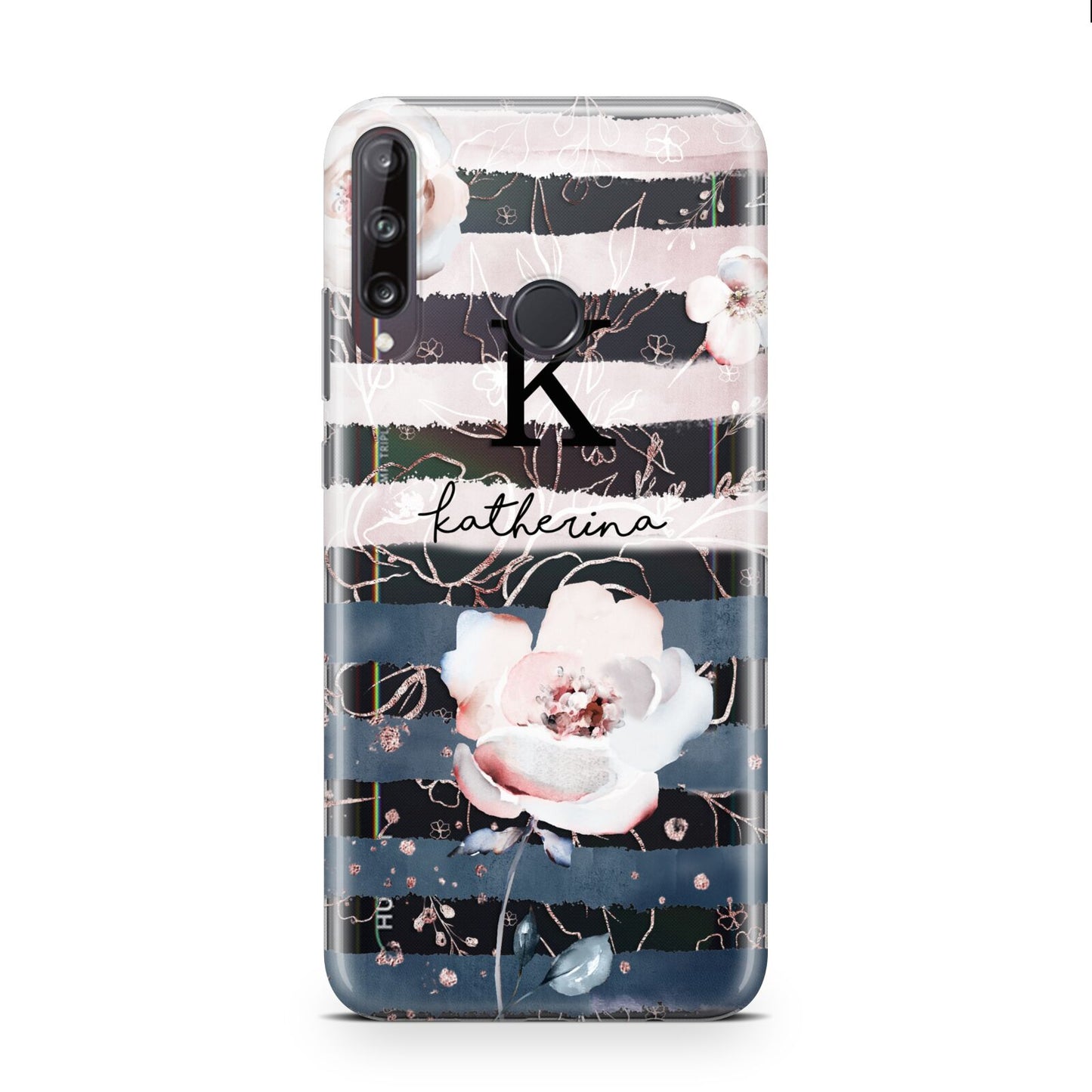 Monogram Pink Blue Striped Watercolour Huawei P40 Lite E Phone Case