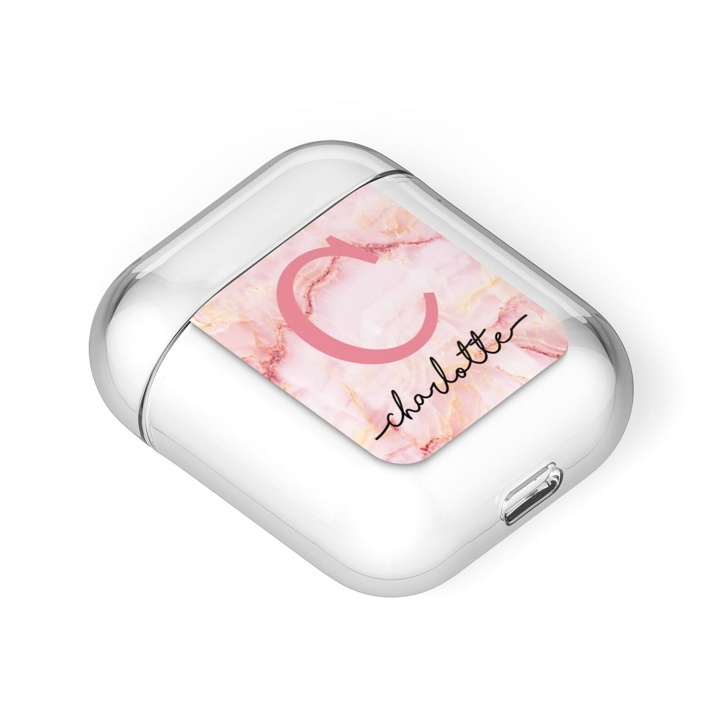 Monogram Pink Gold Agate with Text AirPods Case Laid Flat