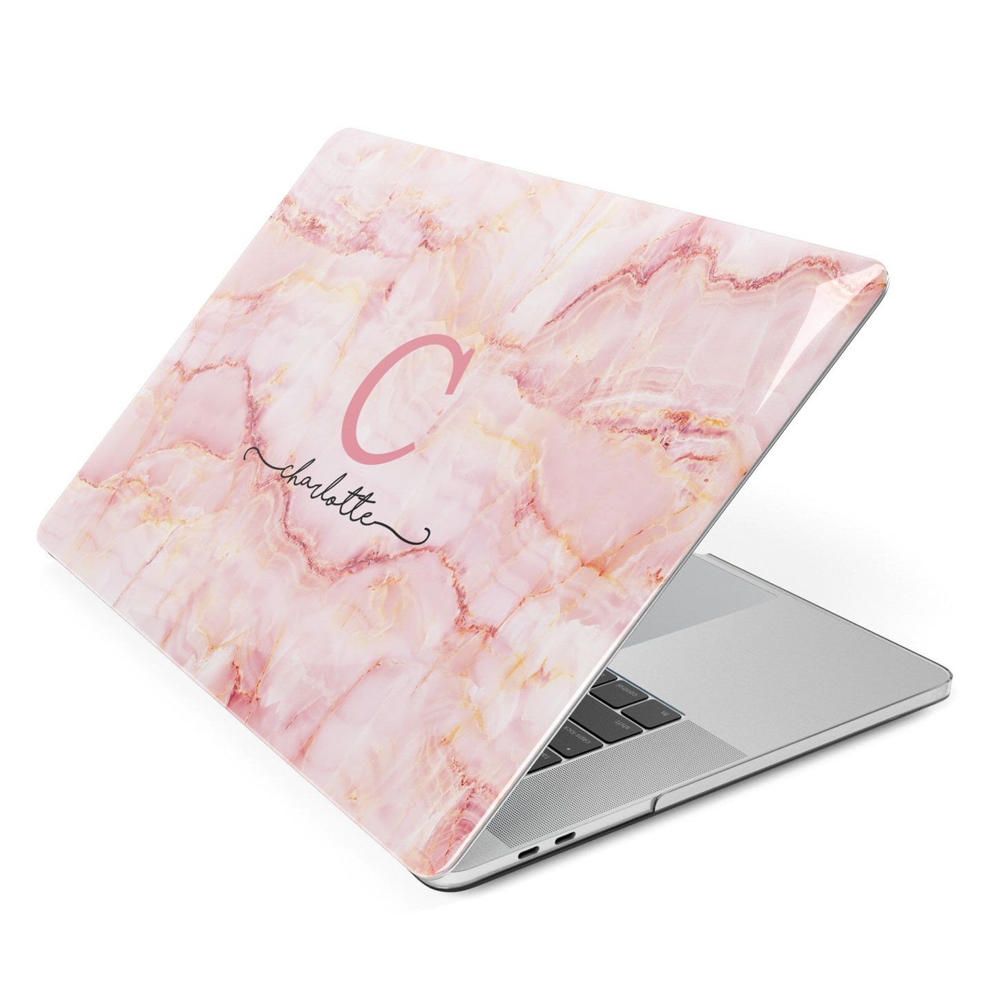 Monogram Pink Gold Agate with Text Apple MacBook Case Side View