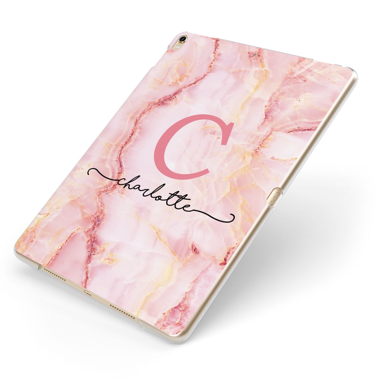 Monogram Pink Gold Agate with Text Apple iPad Case on Gold iPad Side View