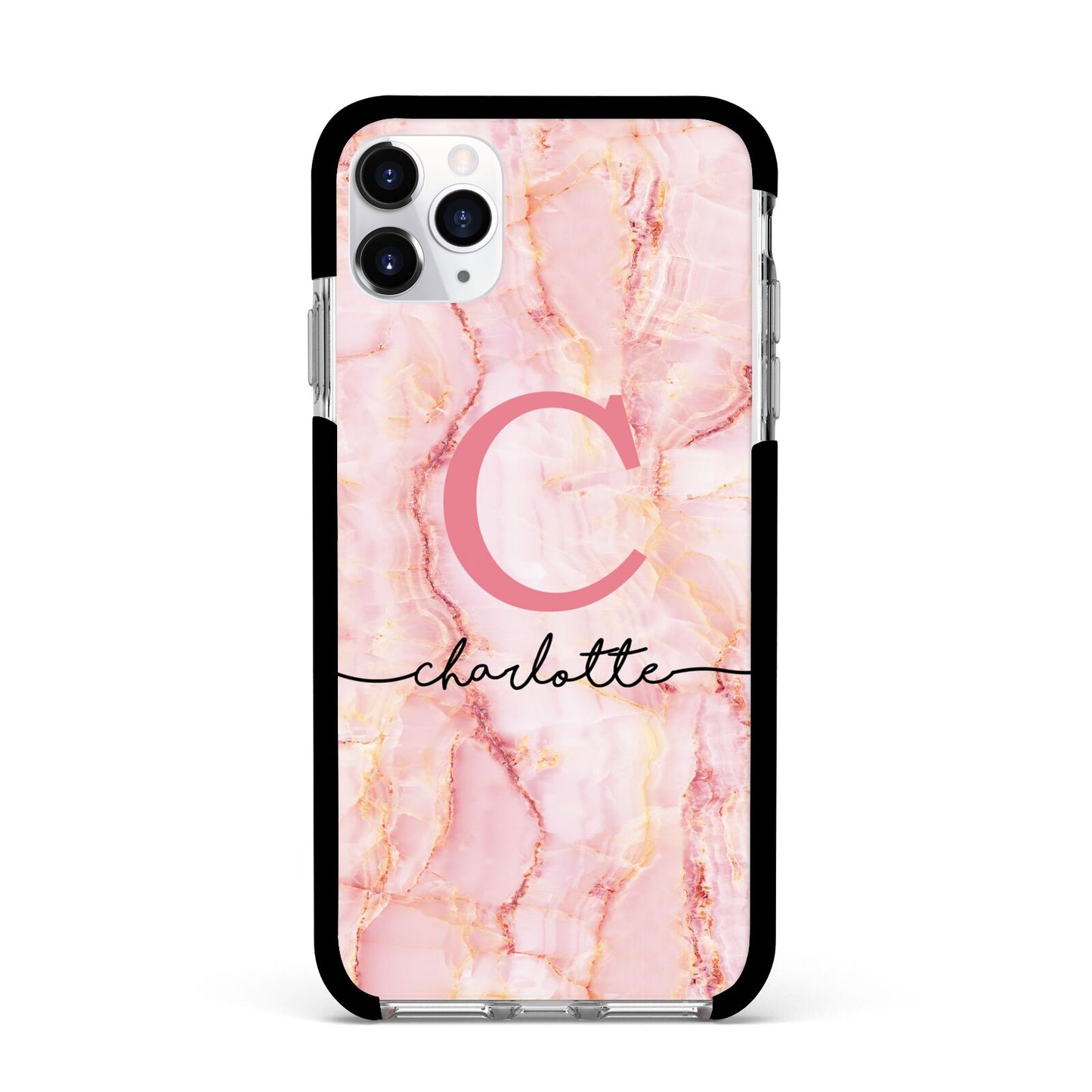 Monogram Pink Gold Agate with Text Apple iPhone 11 Pro Max in Silver with Black Impact Case