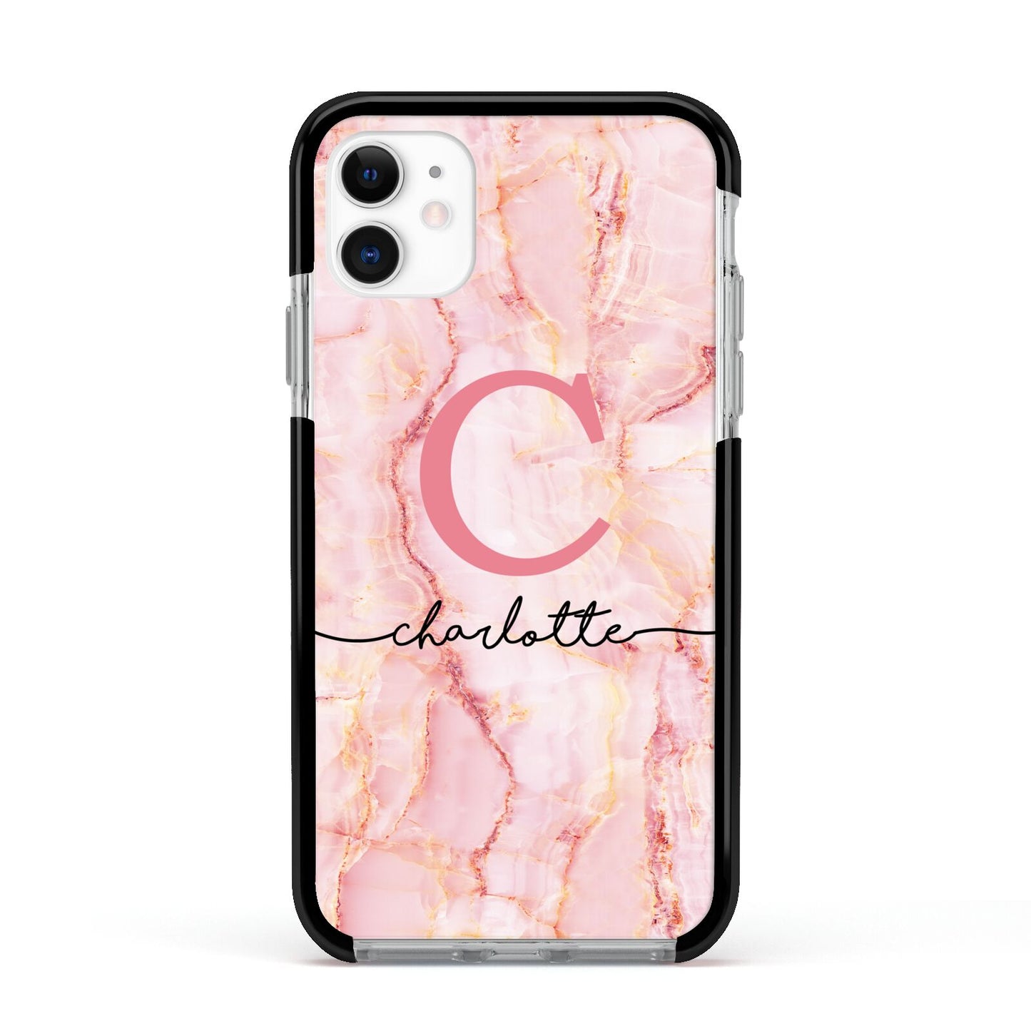 Monogram Pink Gold Agate with Text Apple iPhone 11 in White with Black Impact Case