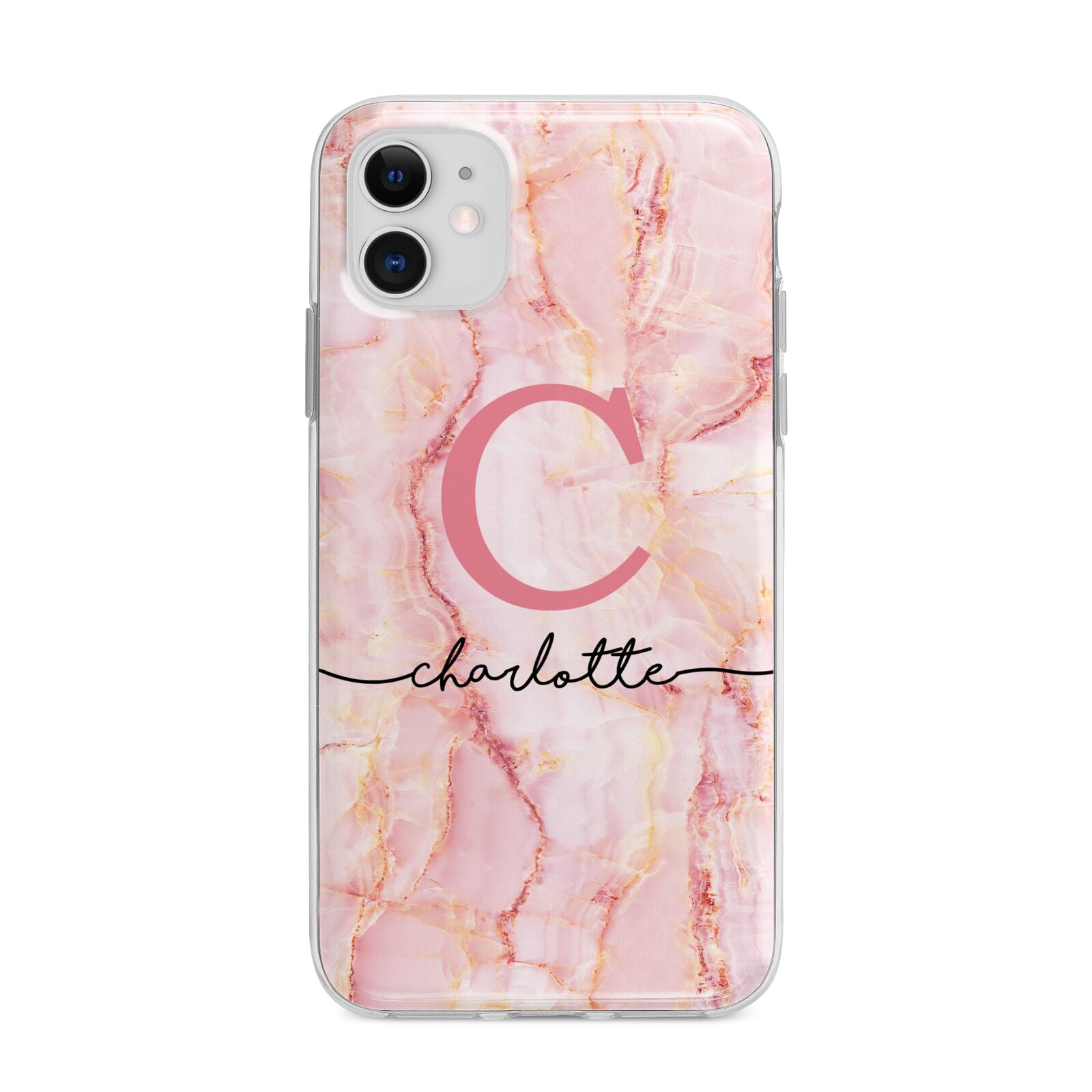 Monogram Pink Gold Agate with Text Apple iPhone 11 in White with Bumper Case