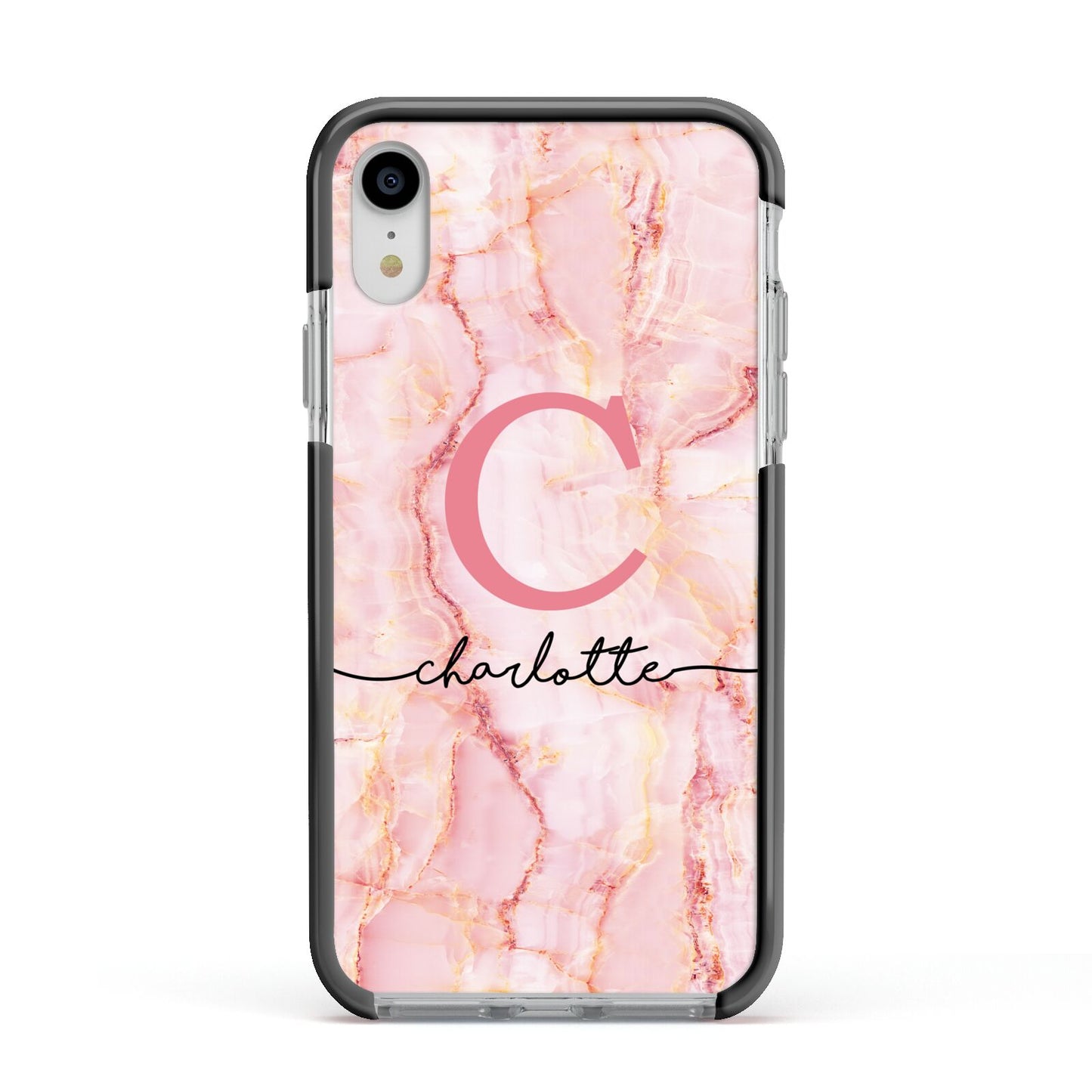 Monogram Pink Gold Agate with Text Apple iPhone XR Impact Case Black Edge on Silver Phone