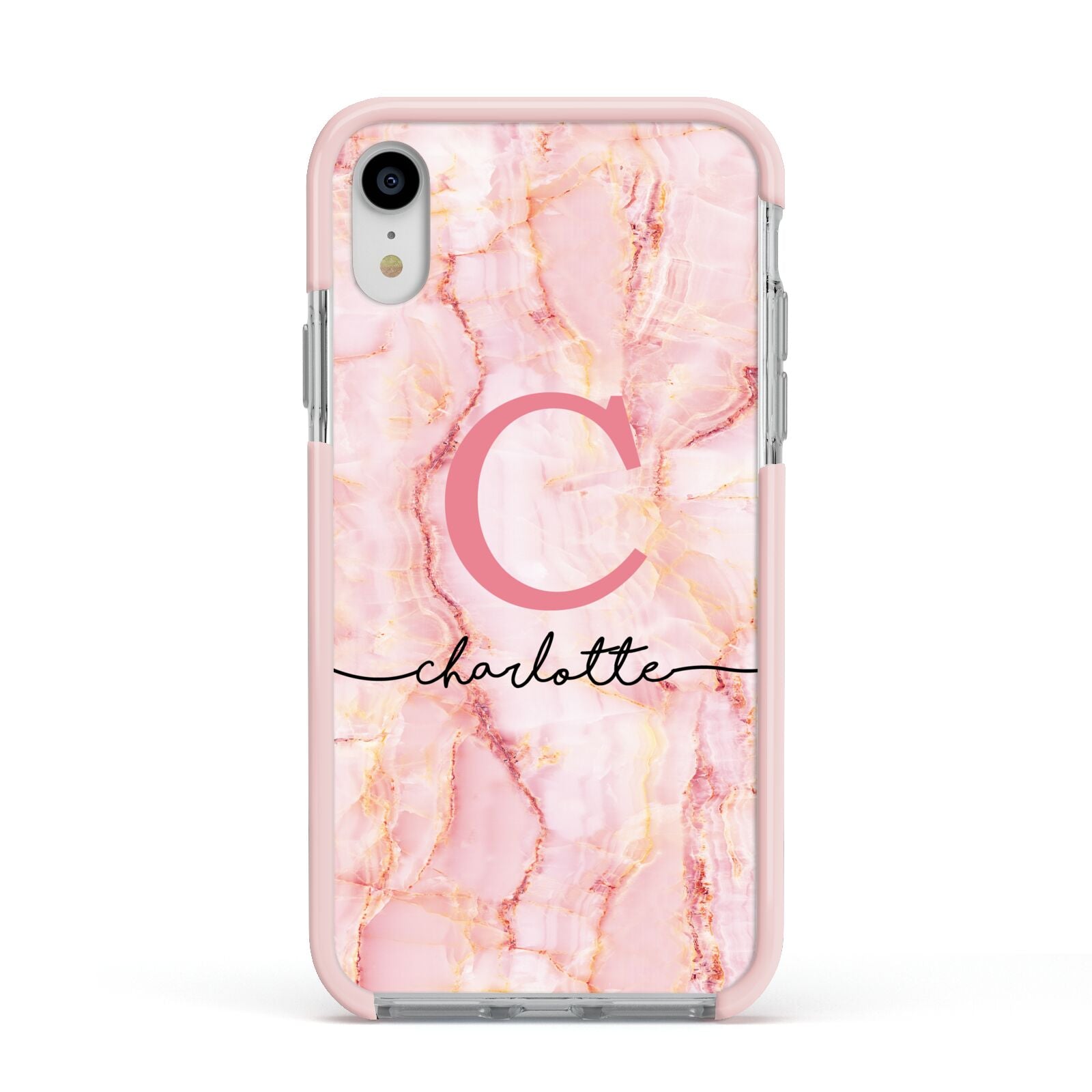 Monogram Pink Gold Agate with Text Apple iPhone XR Impact Case Pink Edge on Silver Phone